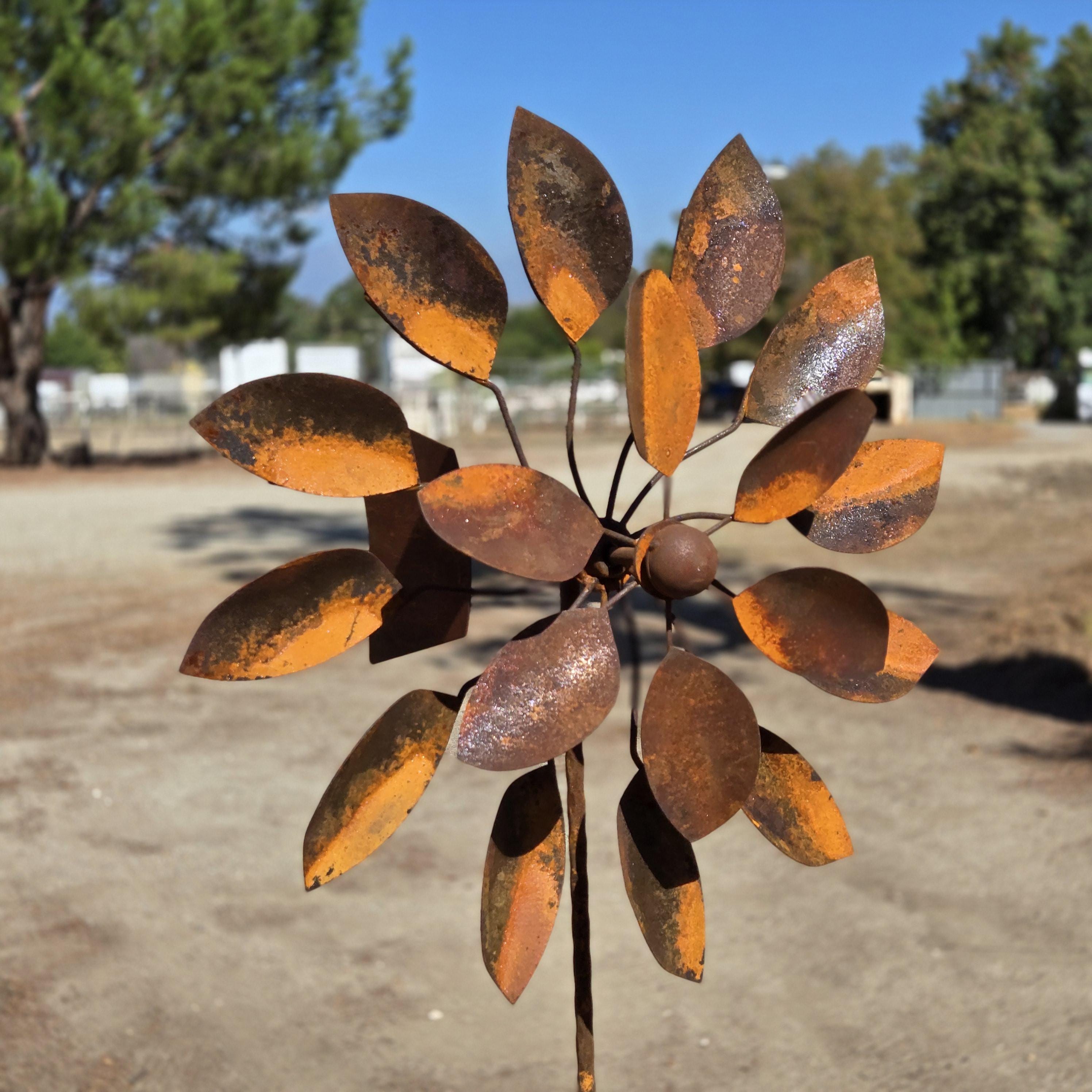 Handmade Rusty Iron Flower Wind Spinner: Farmhouse Garden Decor (82"H)