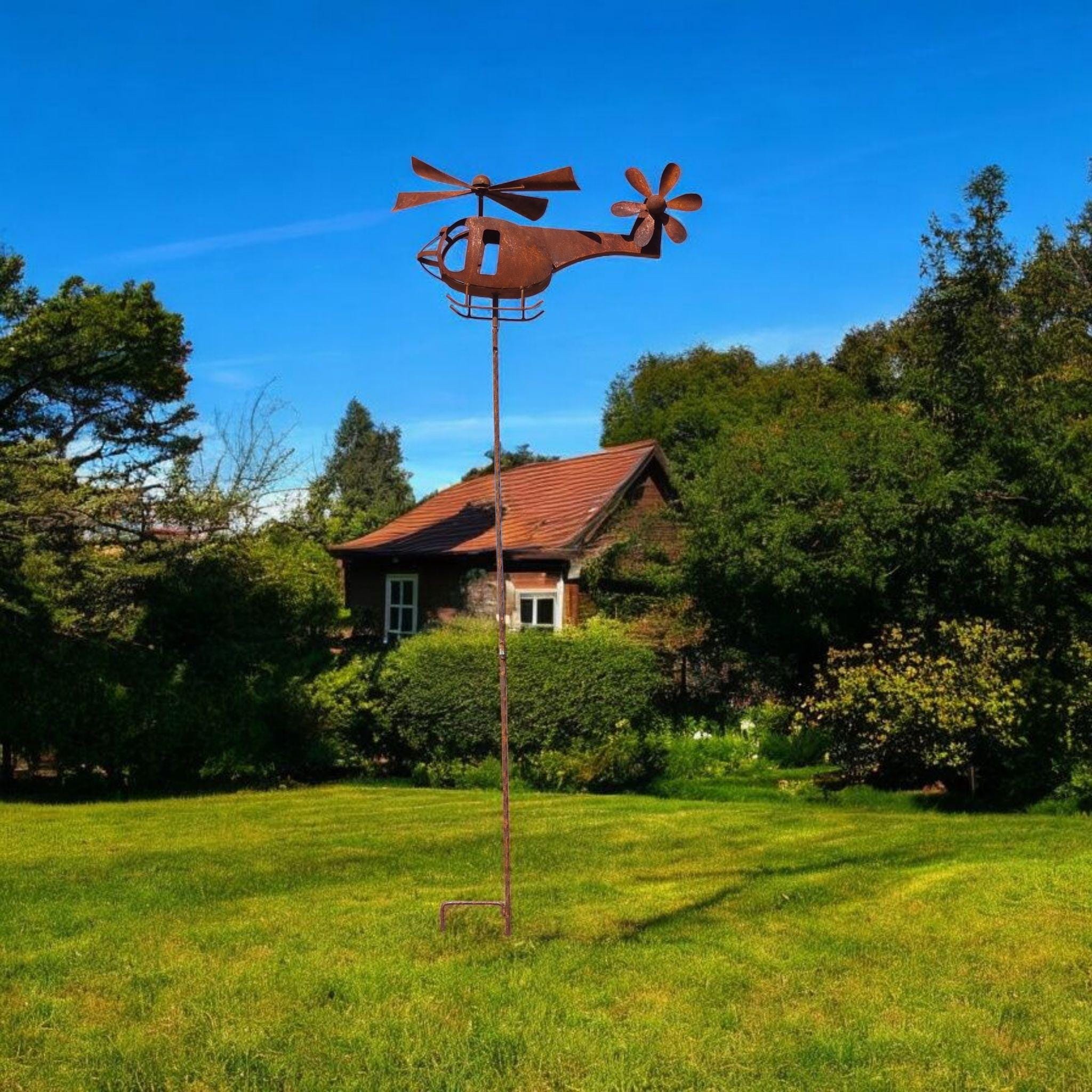 Handmade Rusty Iron Helicopter Wind Spinner: Aviation Garden Art