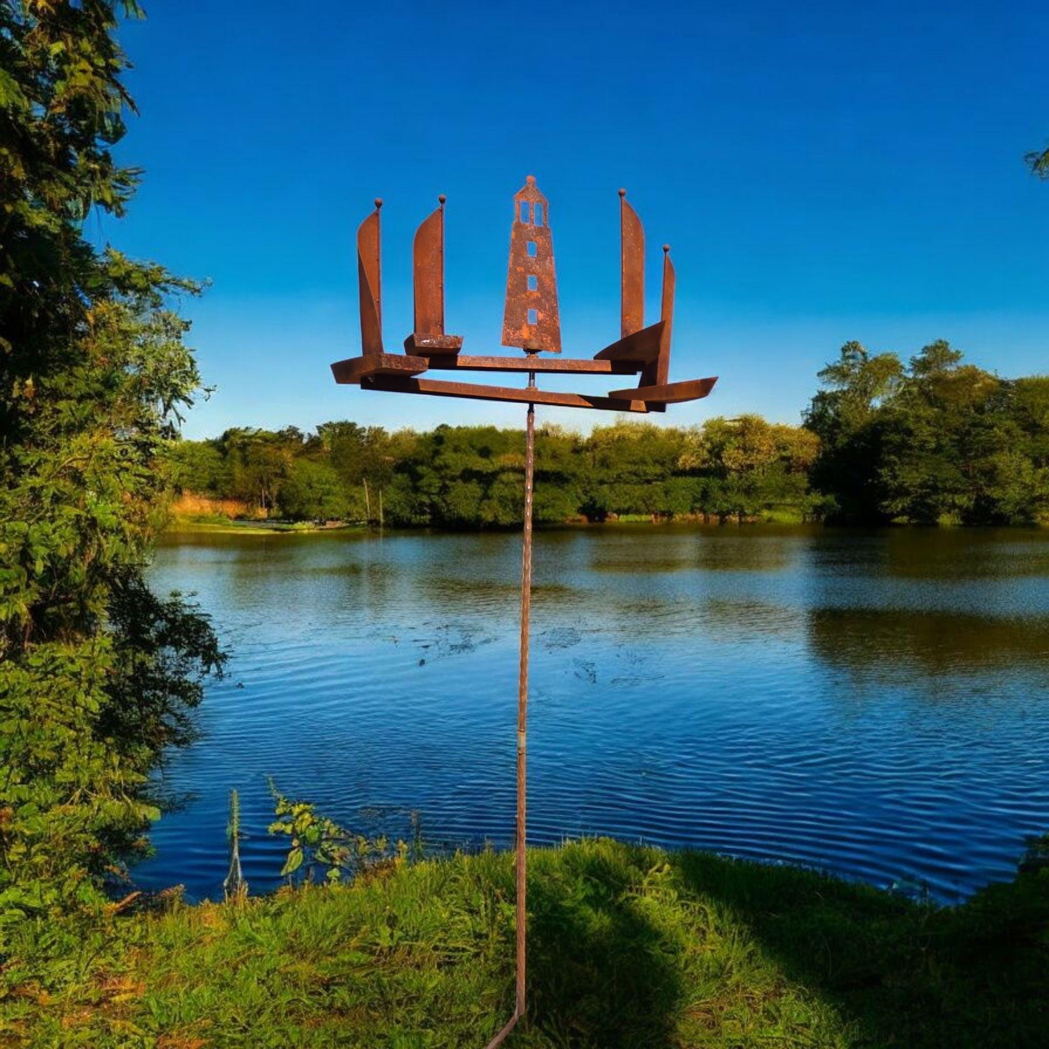 Metal Garden Rusty Large Lighthouse & Sailboats Wind Spinner – Sailboat Stake Ornament