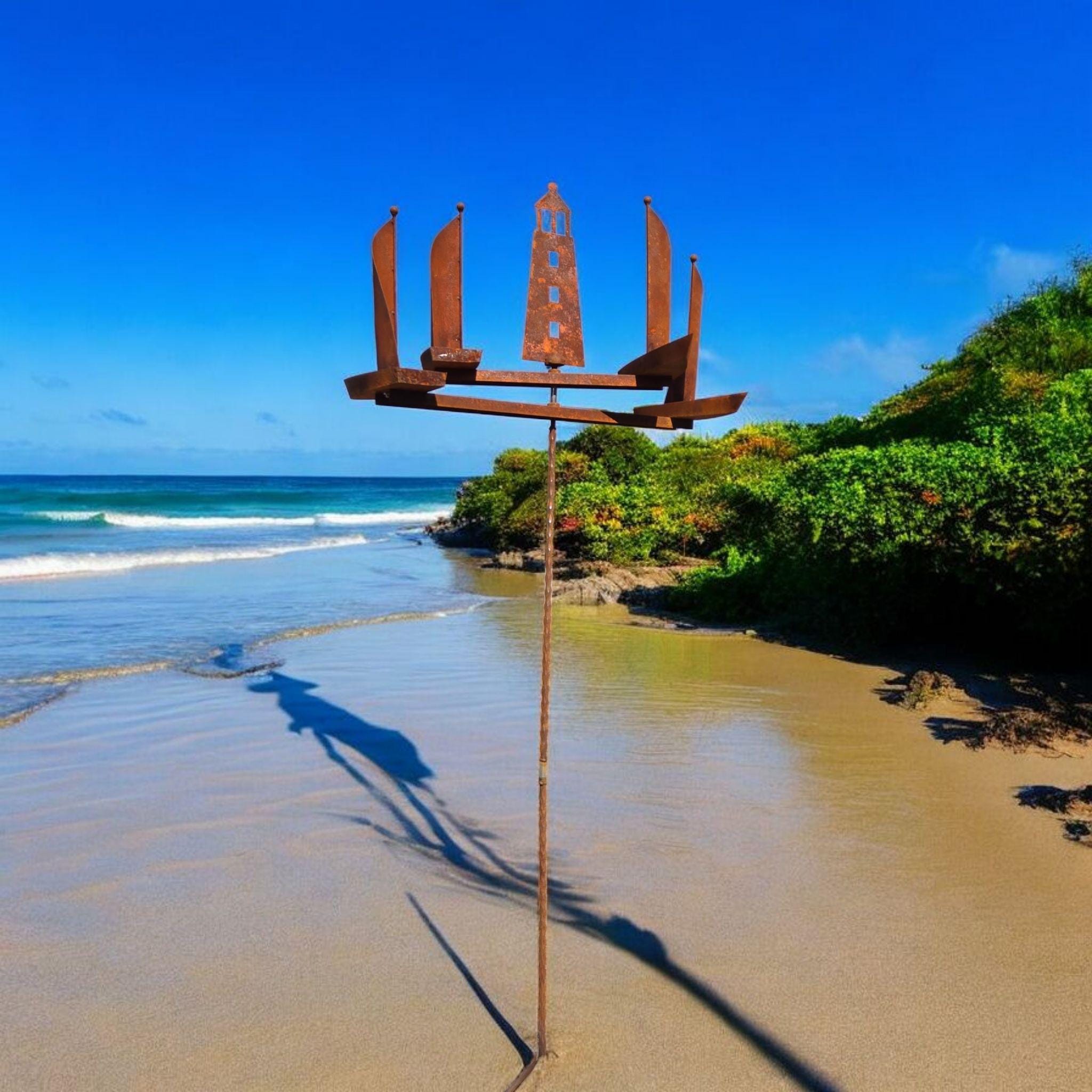 Metal Garden Rusty Large Lighthouse & Sailboats Wind Spinner – Sailboat Stake Ornament
