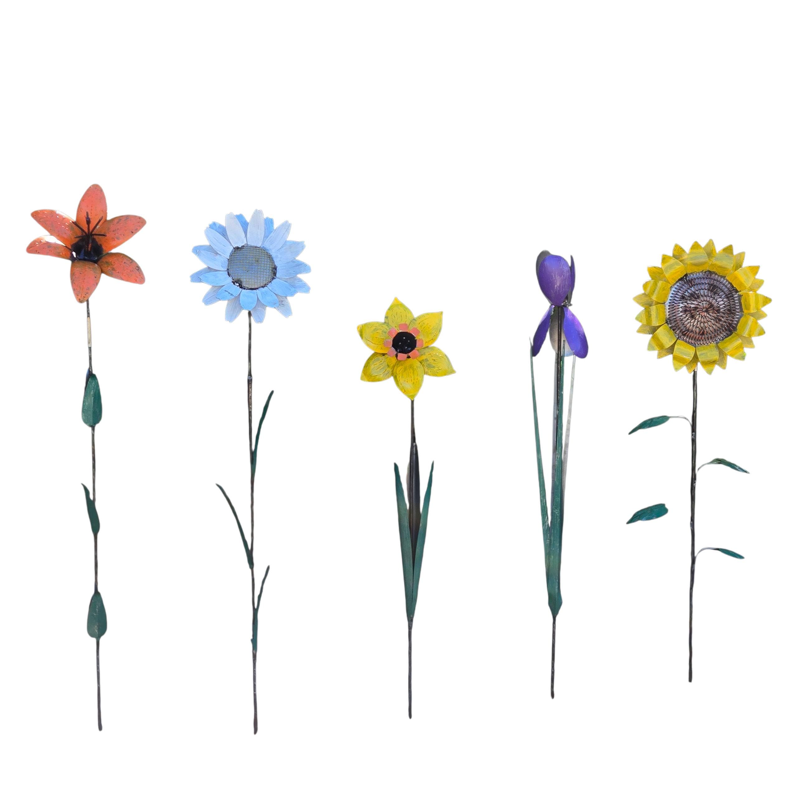 Metal Garden Flower Stake Set: Lily, Daisy, Iris, Sunflower Yard Art