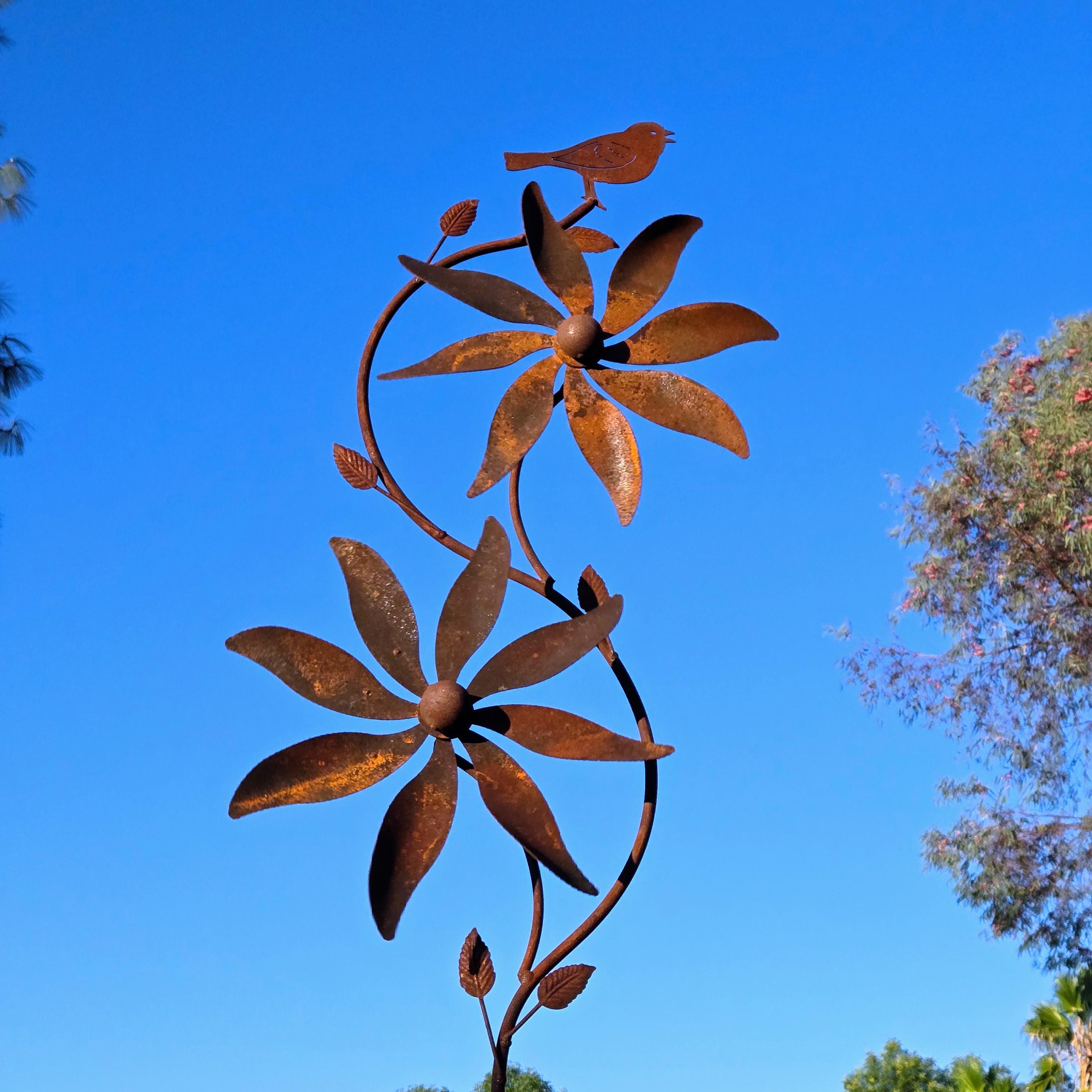 Rustic Metal Bird & Flower Wind Spinner: Weatherproof Garden Stake