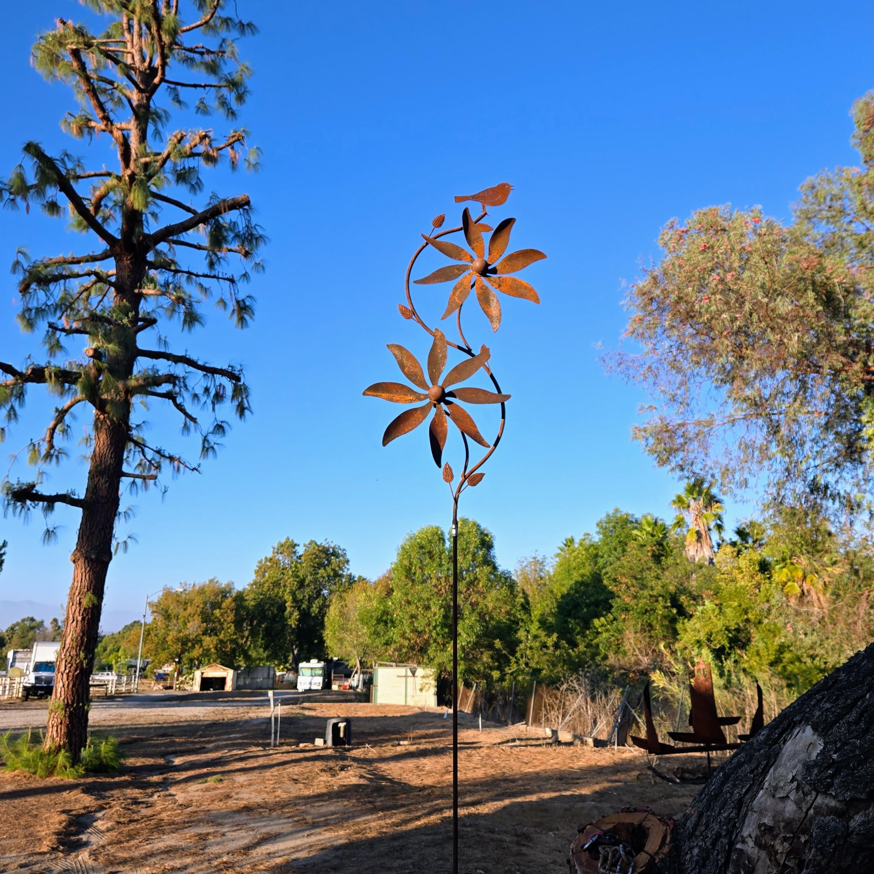 Rustic Metal Bird & Flower Wind Spinner: Weatherproof Garden Stake