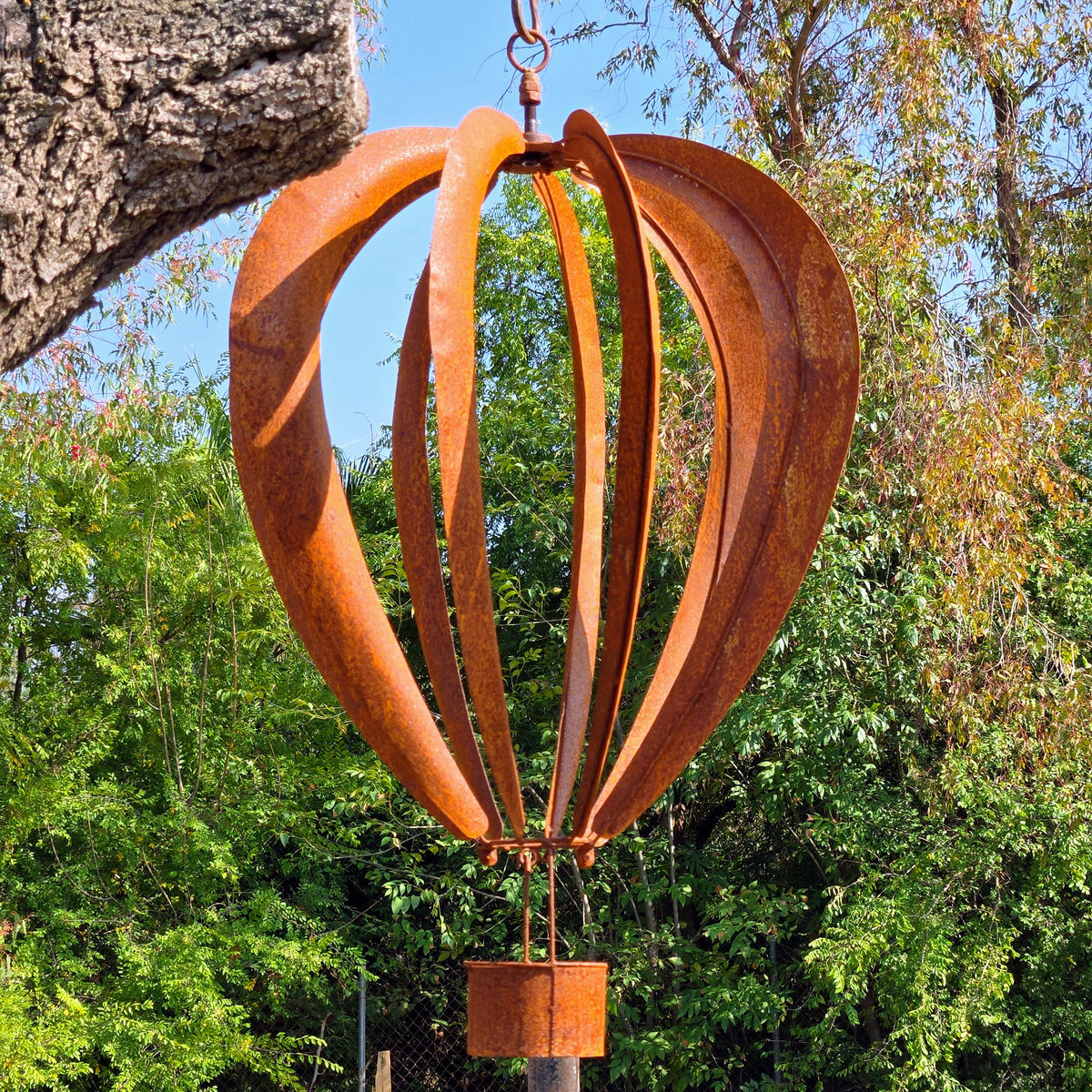 Big Rusty Metal Hot Air Balloon Wind Spinner: Hanging Garden Sculpture