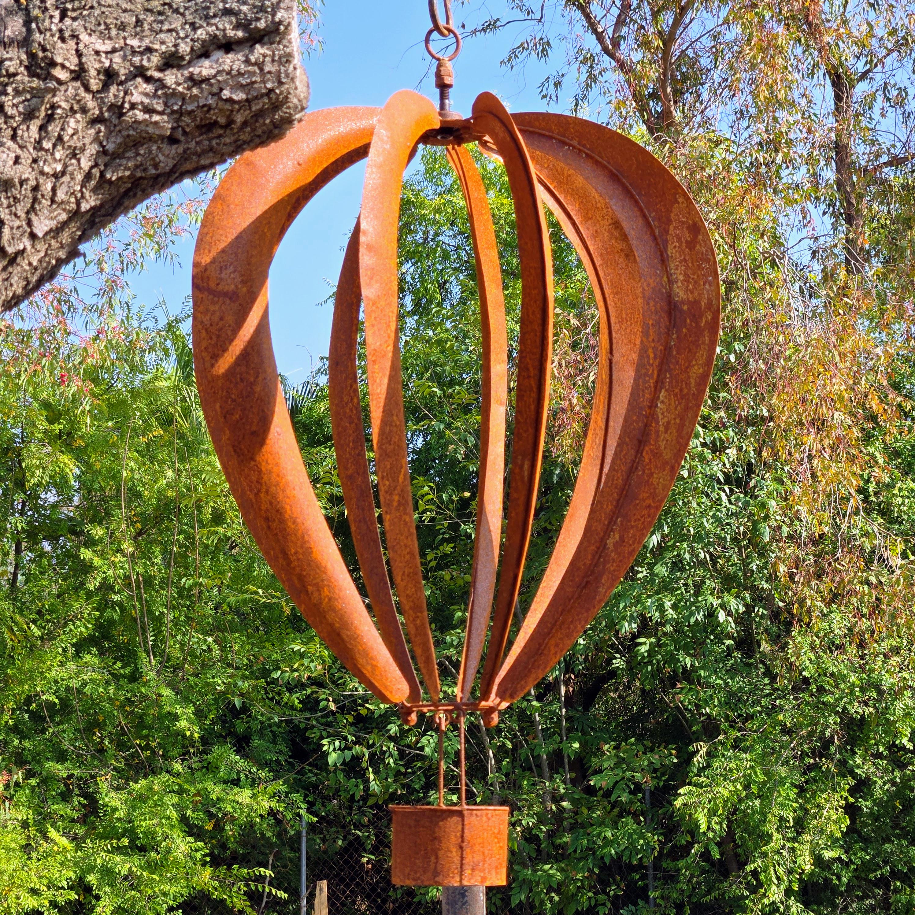 Big Rusty Metal Hot Air Balloon Wind Spinner: Hanging Garden Sculpture