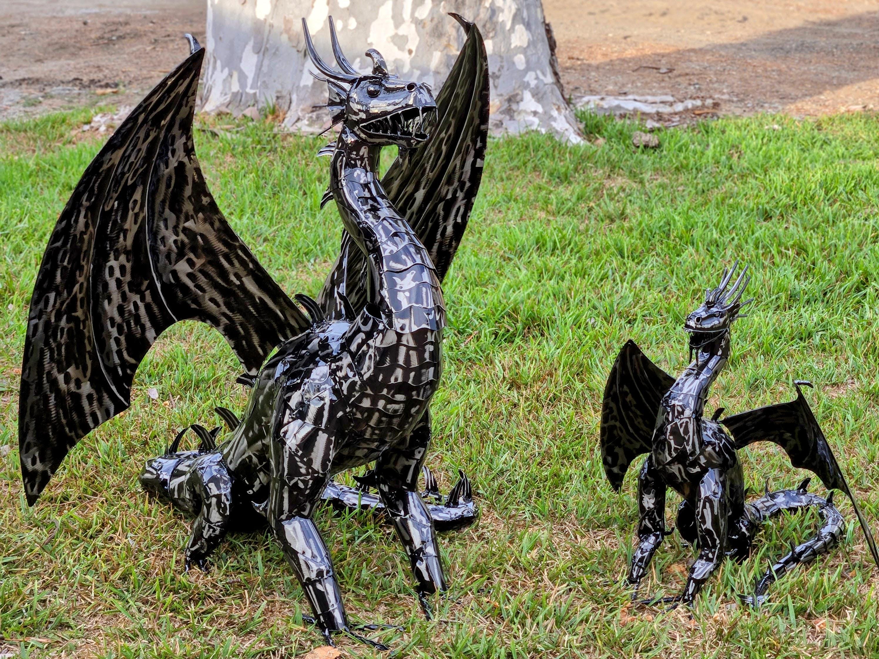 Handcrafted Iron Dragon Sculpture – Rustic Fantasy Garden Art