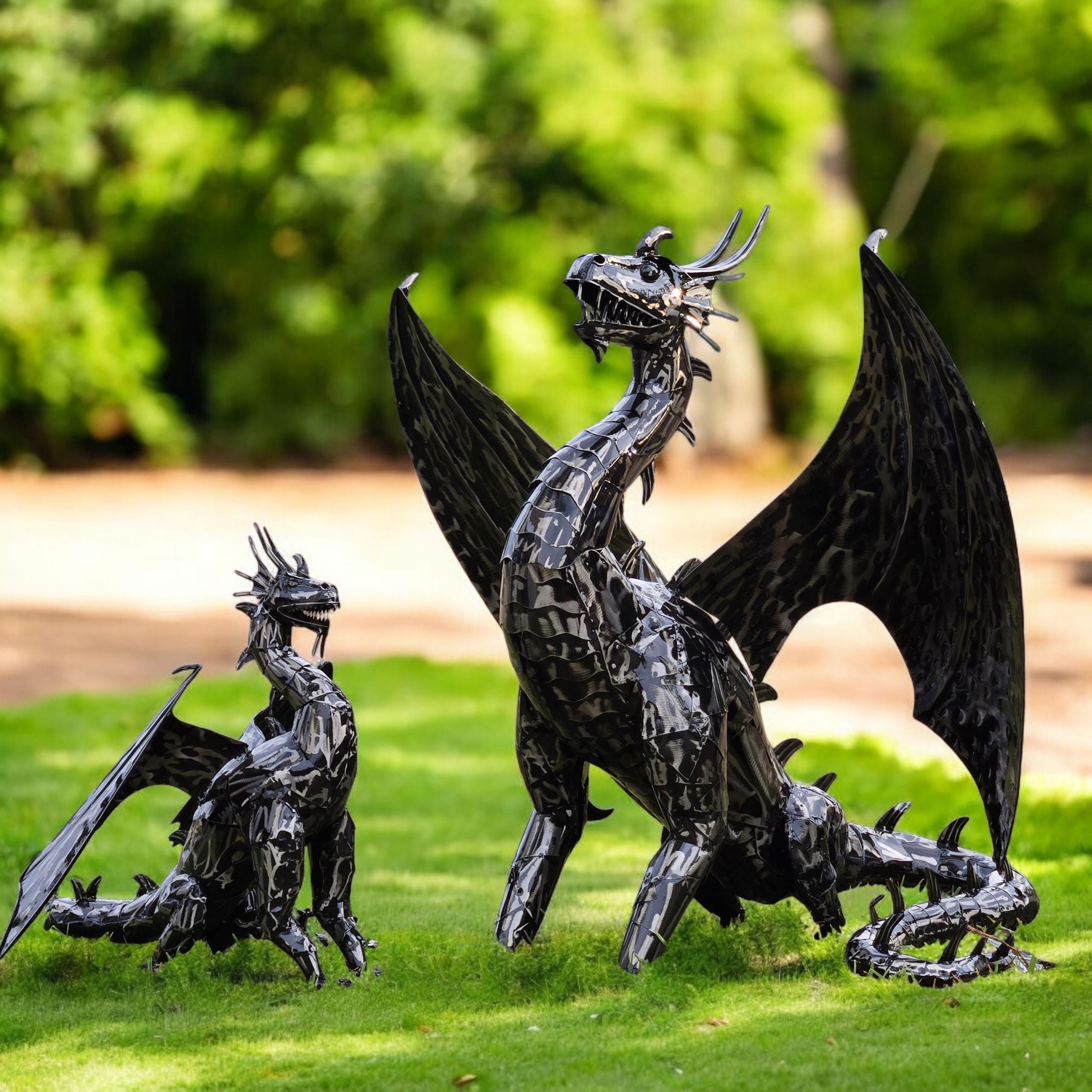 Handcrafted Iron Dragon Sculpture – Rustic Fantasy Garden Art