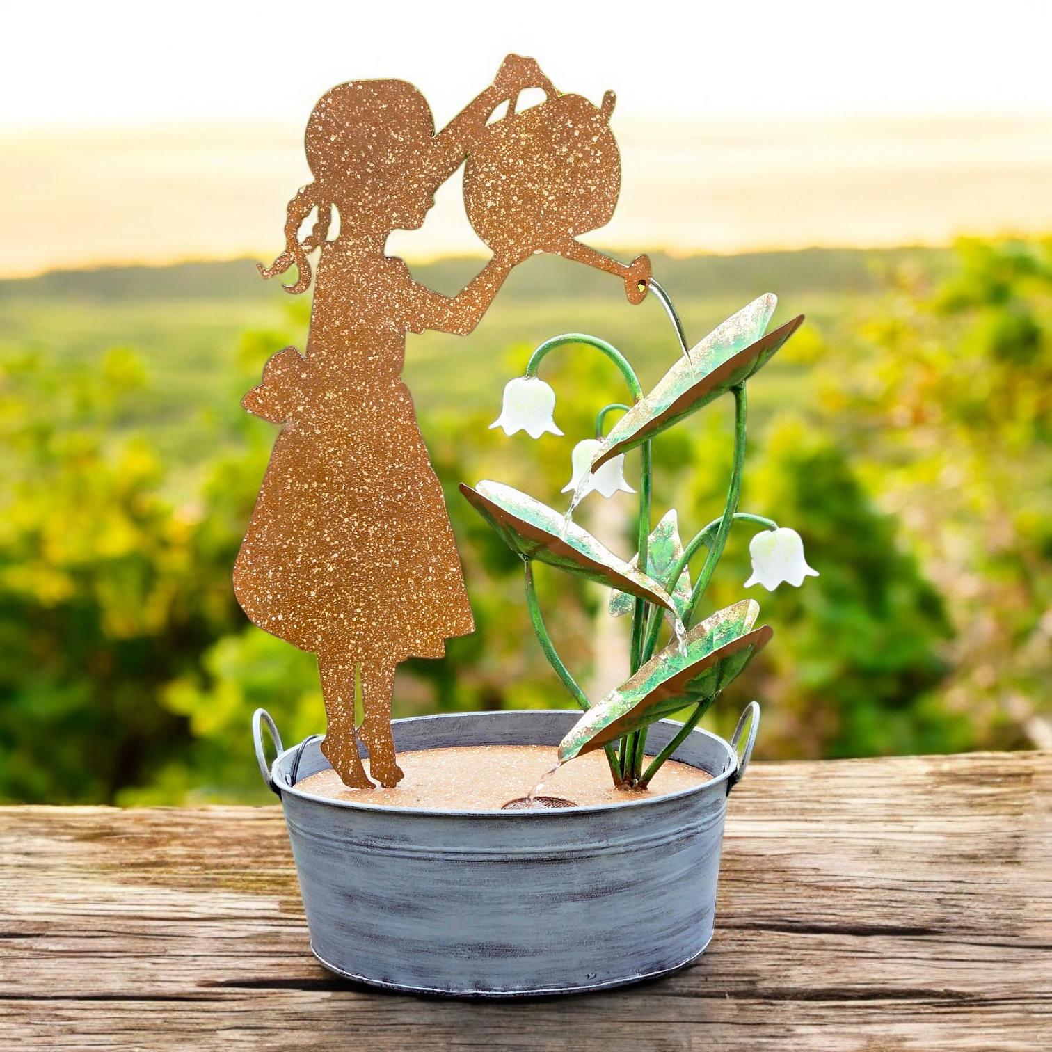 Rustic Girl Watering Can Fountain | Solar Garden Decor