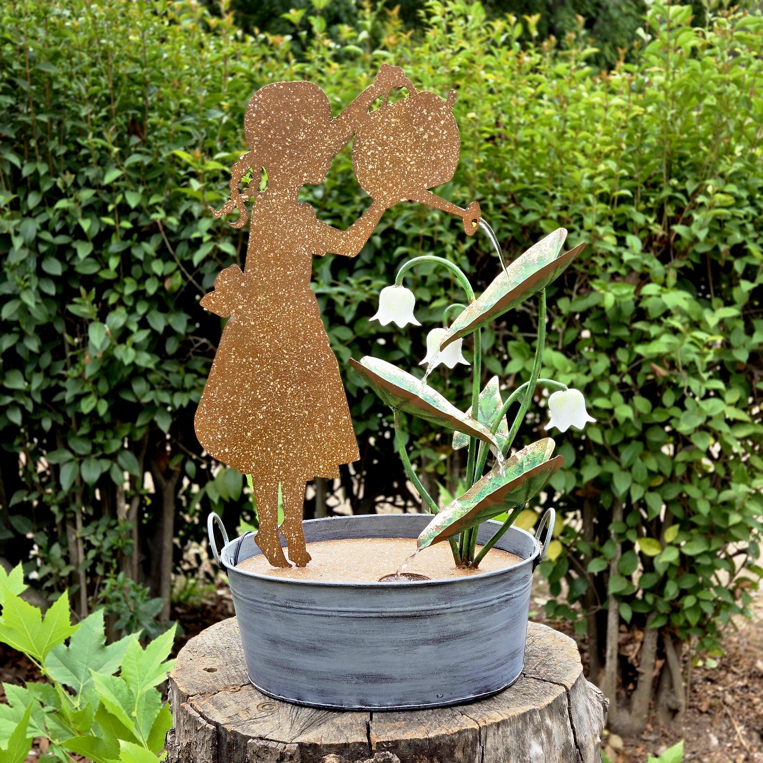 Rustic Girl Watering Can Fountain | Solar Garden Decor