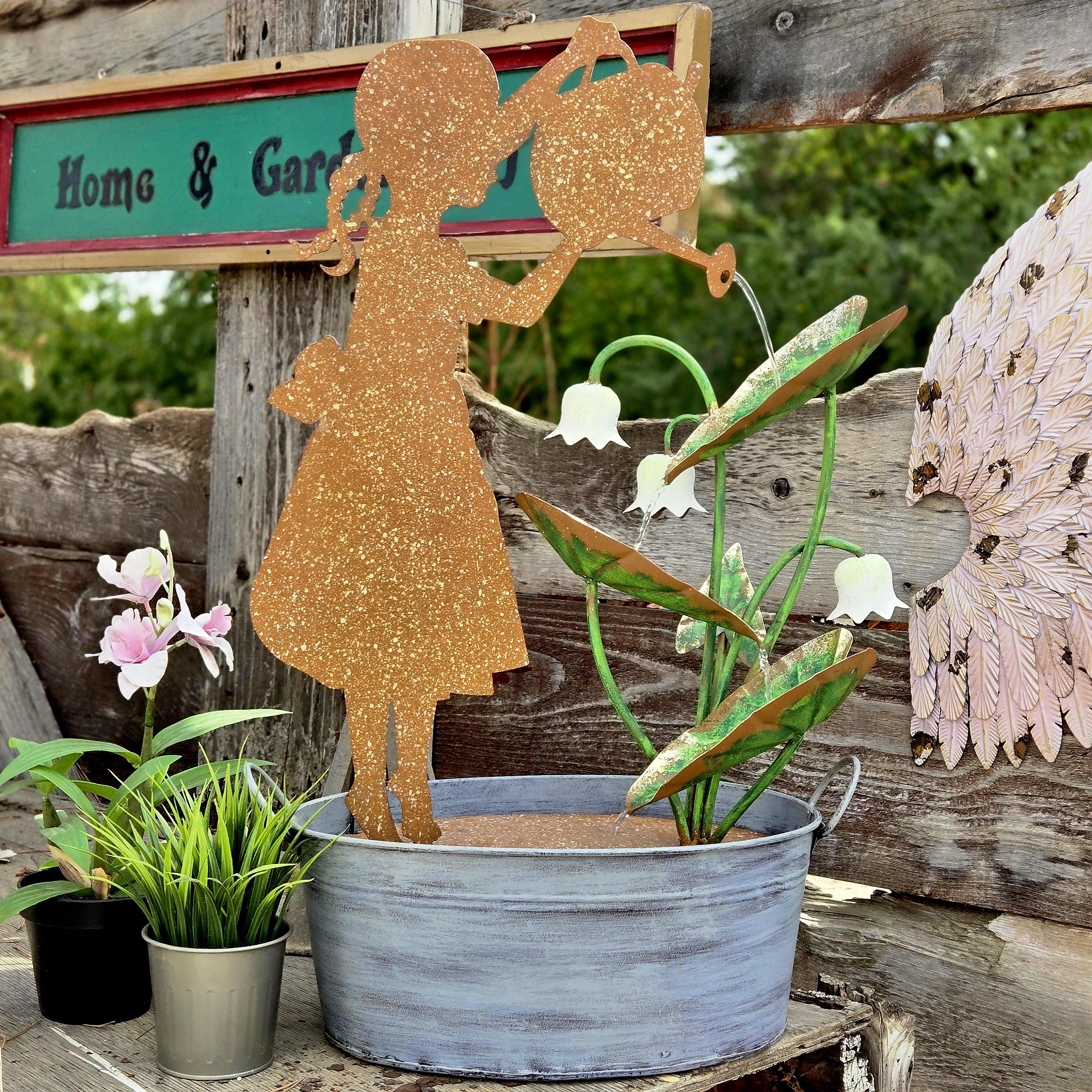 Rustic Girl Watering Can Fountain | Solar Garden Decor