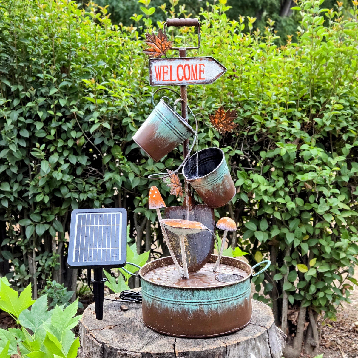 Rustic Solar Metal Water Fountain – Vintage Bucket Cascade Garden Yard Art with Welcome Sign