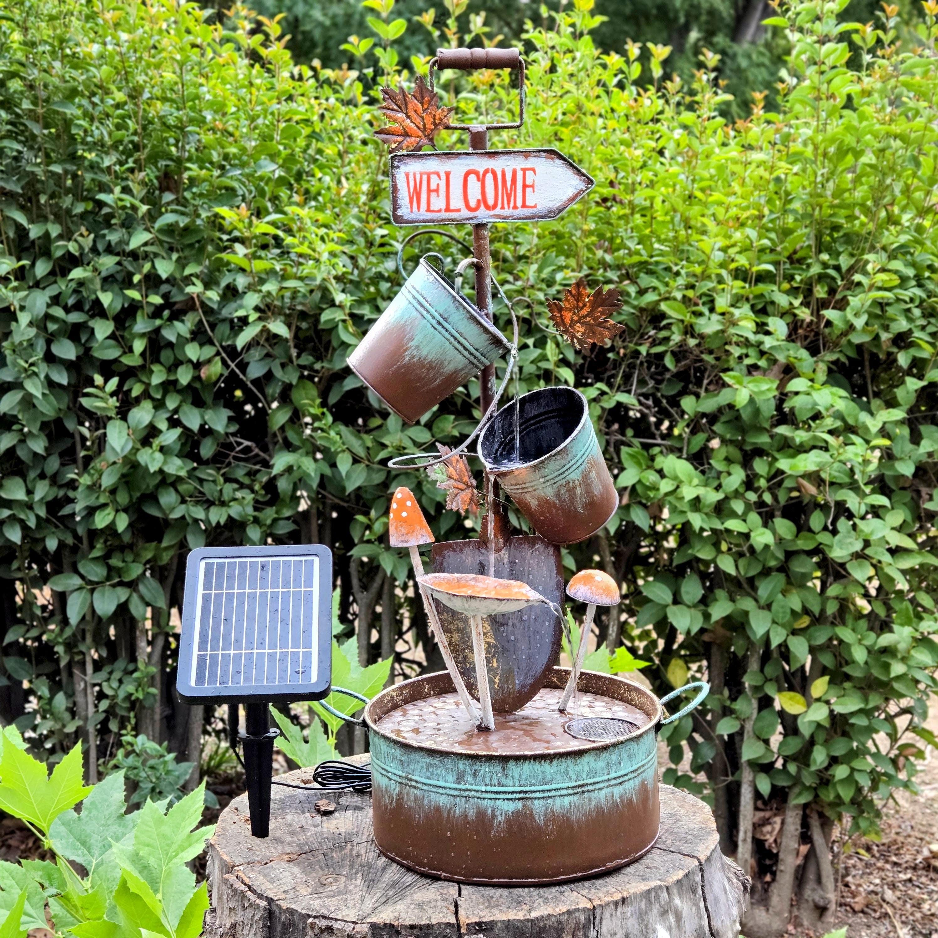 Rustic Solar Metal Water Fountain – Vintage Bucket Cascade Garden Yard Art with Welcome Sign