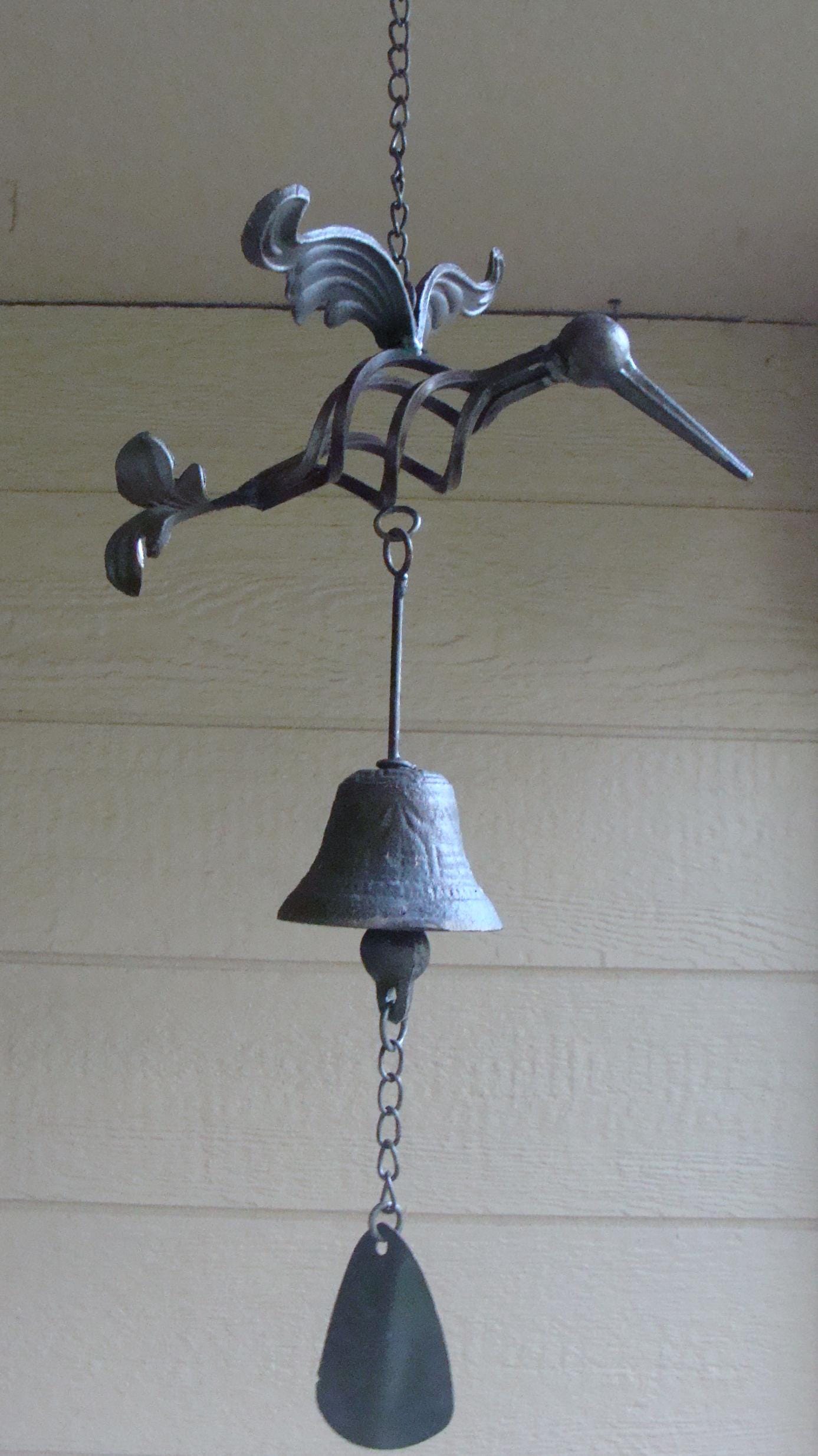Rustic Cast Iron Hummingbird Wind Chime – Vintage Rust Finish Hanging Bell Garden Ornament