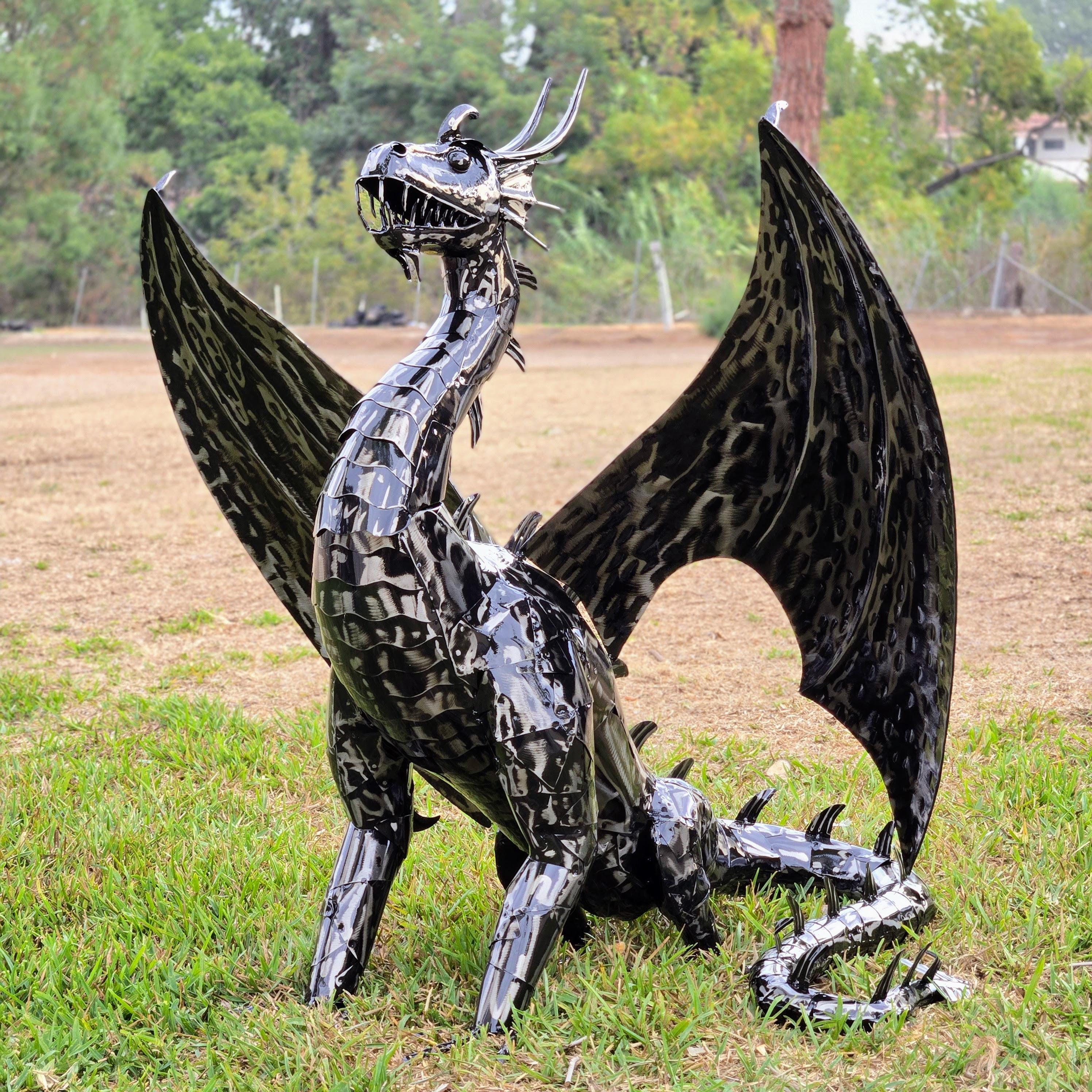 Handcrafted Iron Dragon Sculpture – Rustic Fantasy Garden Art