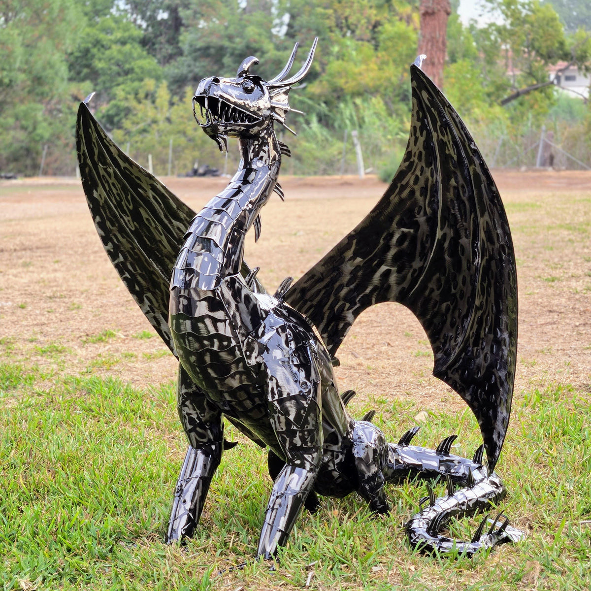 Handcrafted Iron Dragon Sculpture – Rustic Fantasy Garden Art