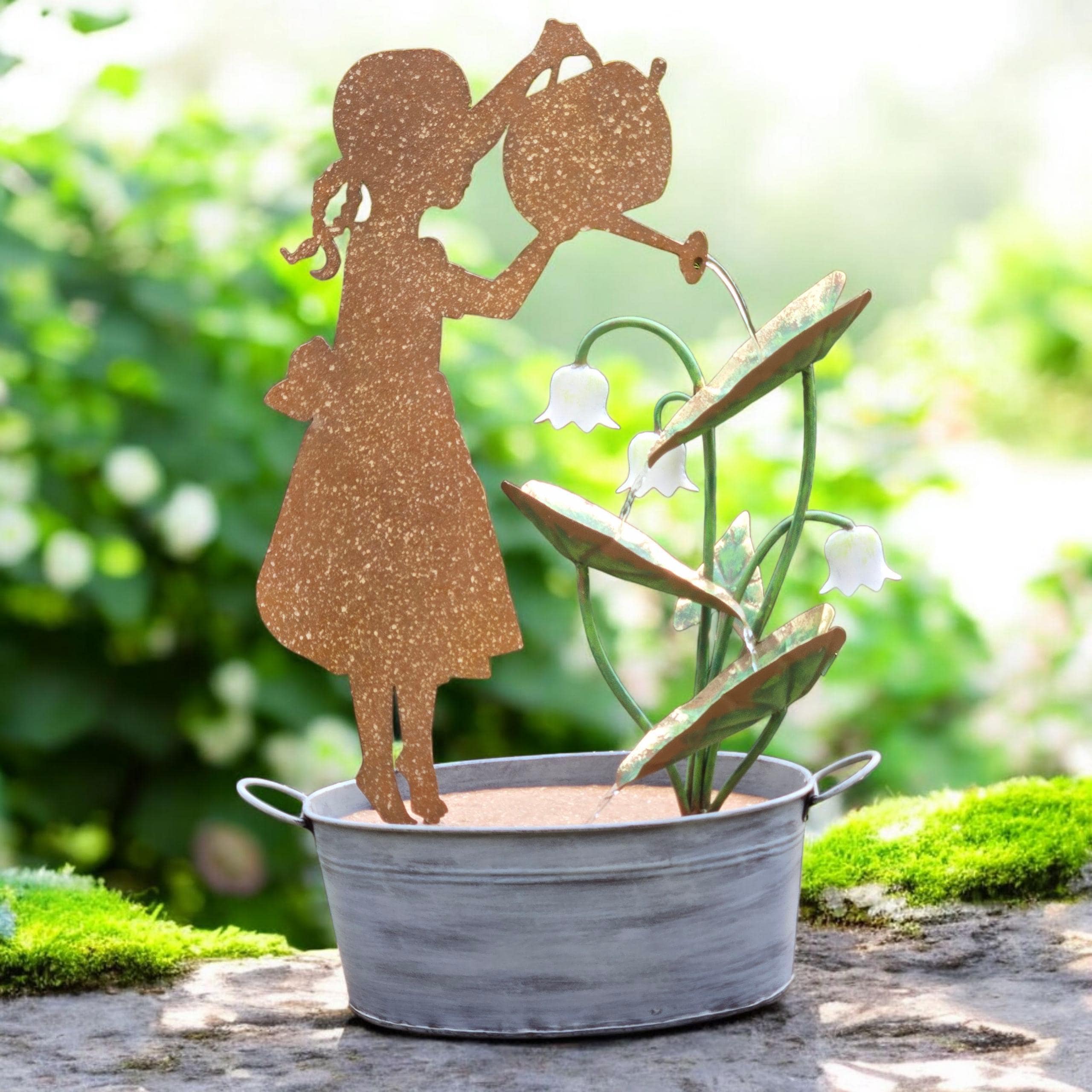 Rustic Girl Watering Can Fountain | Solar Garden Decor