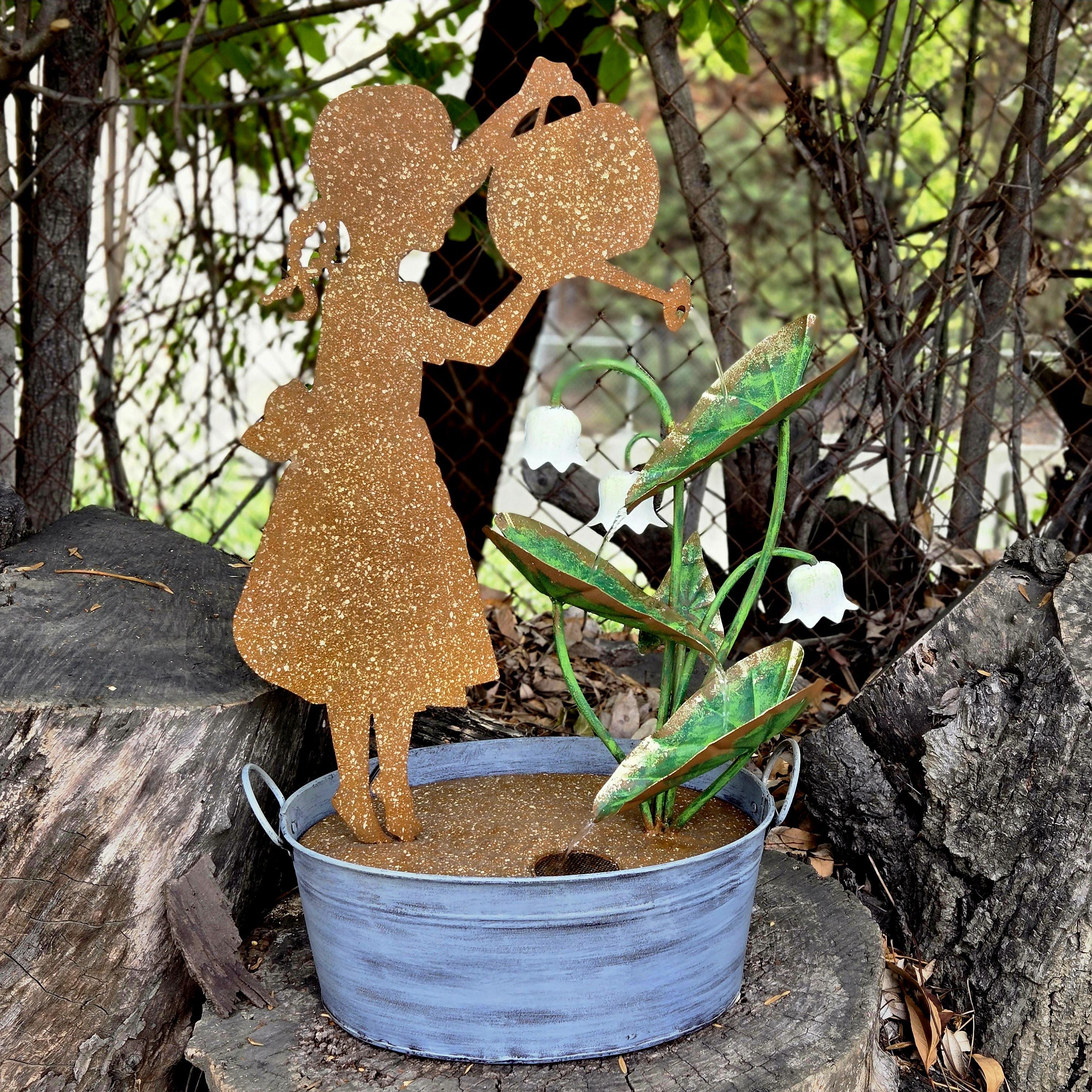 Rustic Girl Watering Can Fountain | Solar Garden Decor