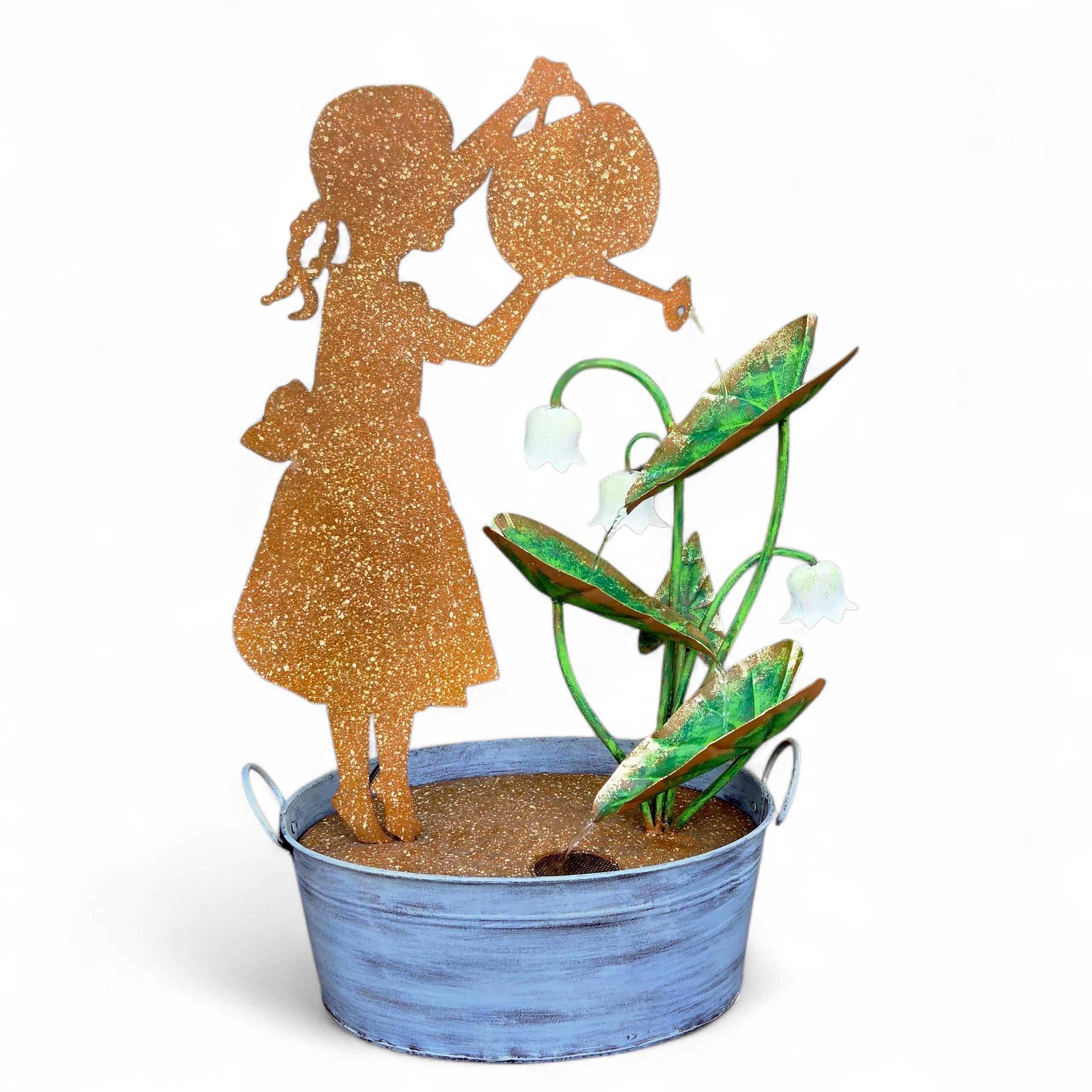 Rustic Girl Watering Can Fountain | Solar Garden Decor