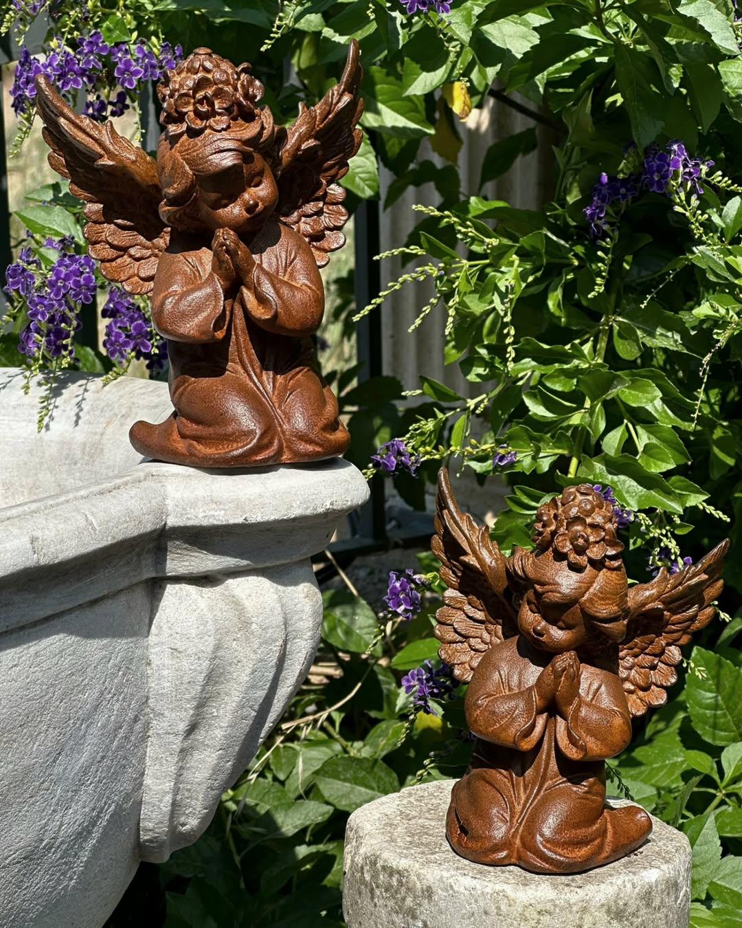 Rustic Cast Iron Praying Angel Figurines: Vintage Home & Garden Decor
