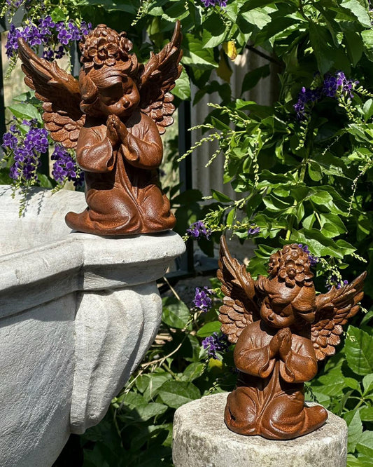Rustic Cast Iron Praying Angel Figurines: Vintage Home & Garden Decor