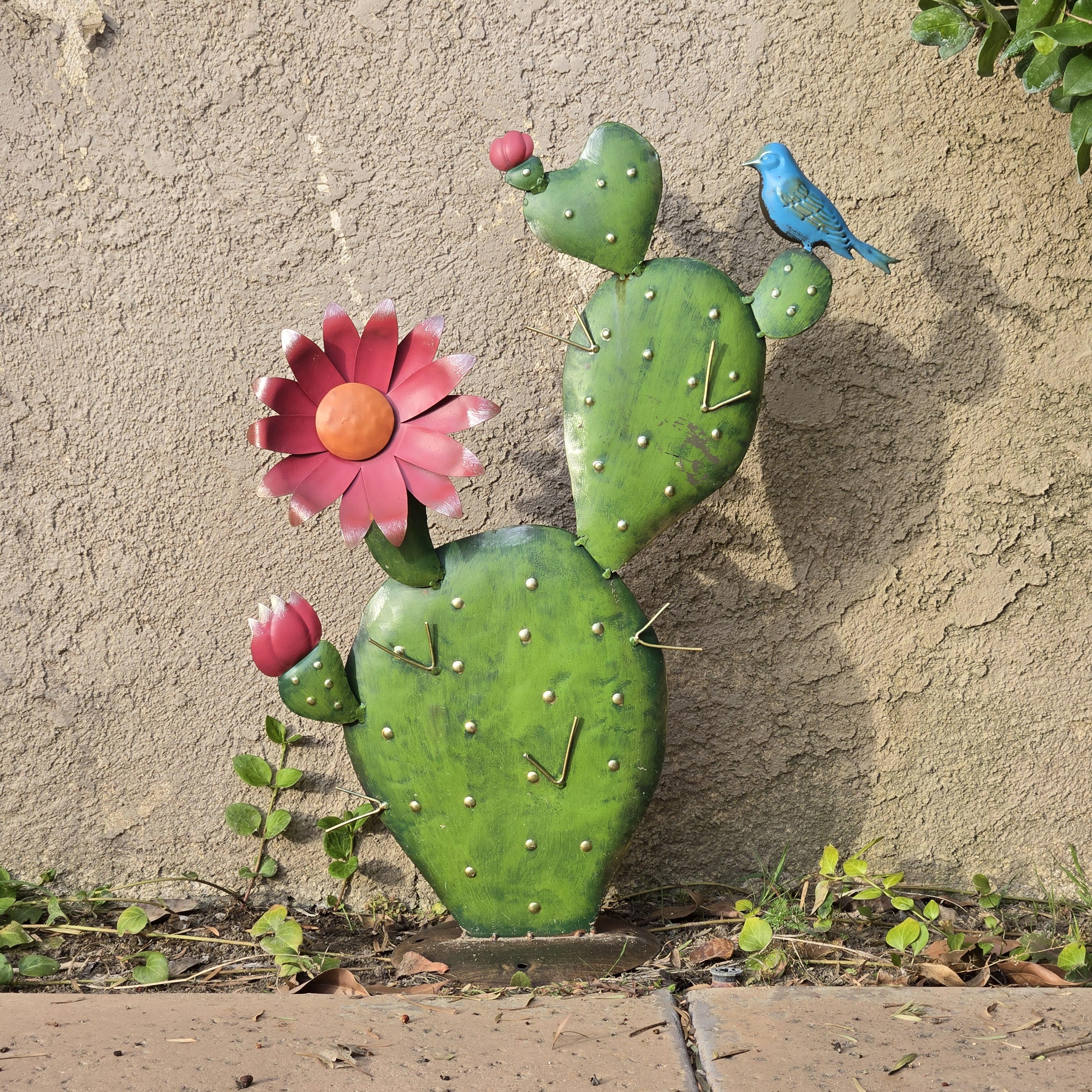 Hand Painted Metal Prickly Pear Cactus Sculpture, Southwest Desert Yard Art with Bird