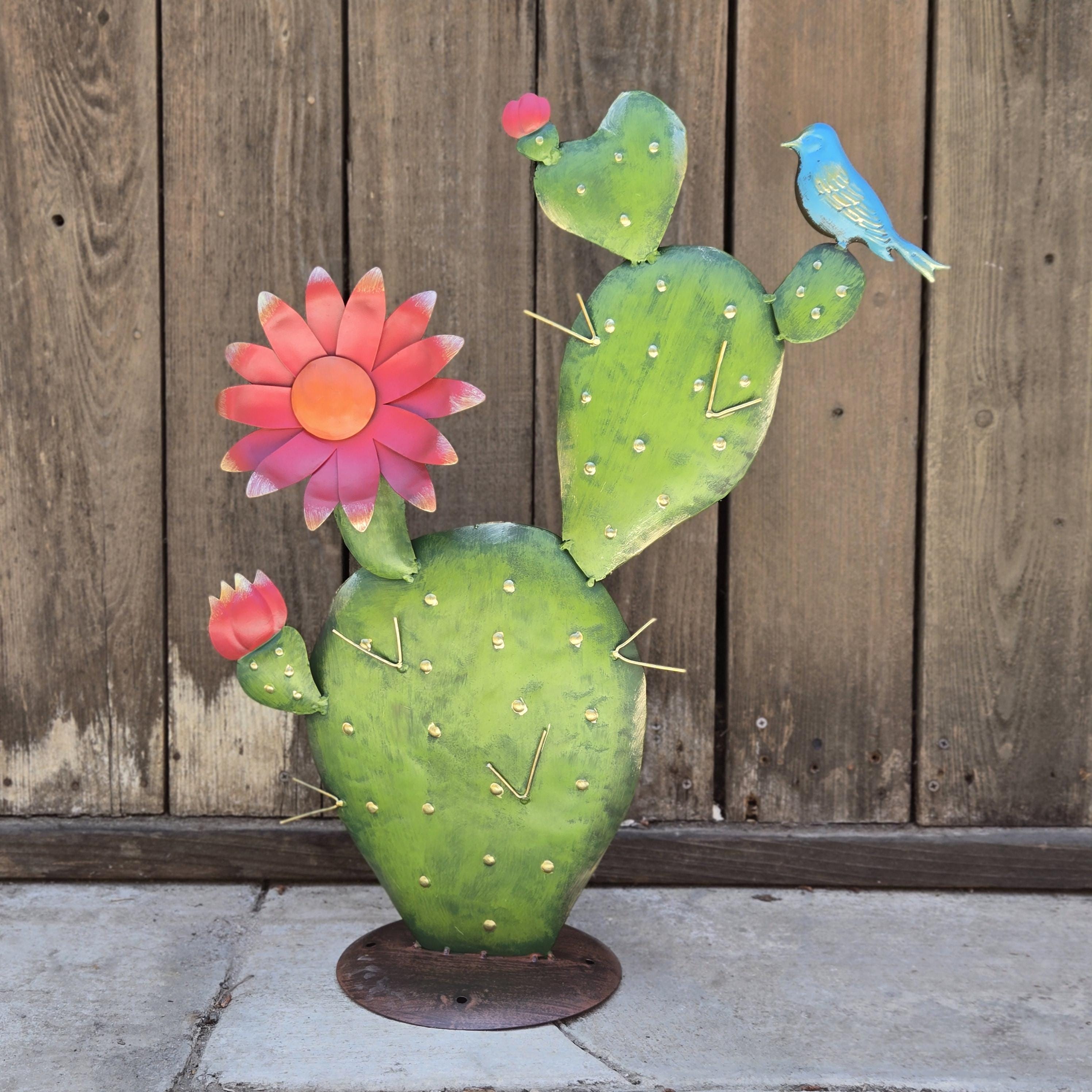 Hand Painted Metal Prickly Pear Cactus Sculpture, Southwest Desert Yard Art with Bird