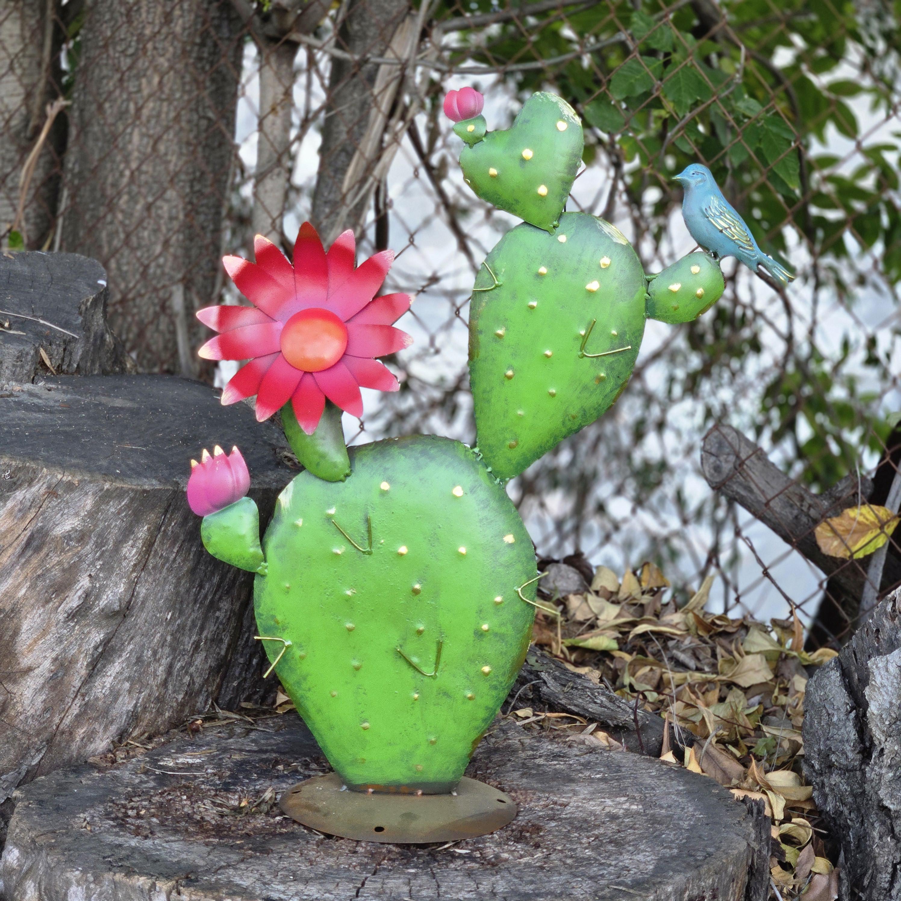 Hand Painted Metal Prickly Pear Cactus Sculpture, Southwest Desert Yard Art with Bird