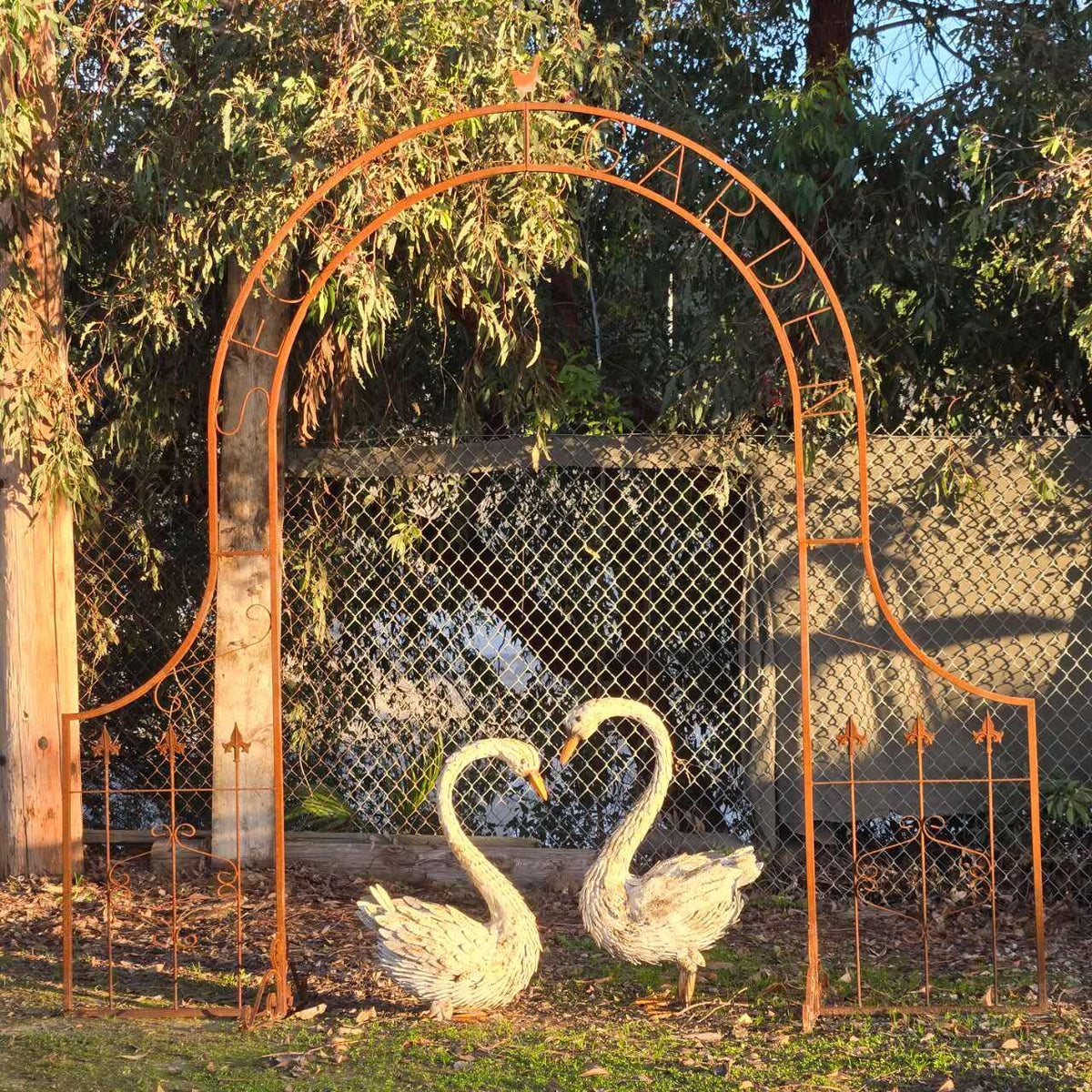 Rustic Metal Garden Arbor – Vintage Iron Gate, Scrollwork Details