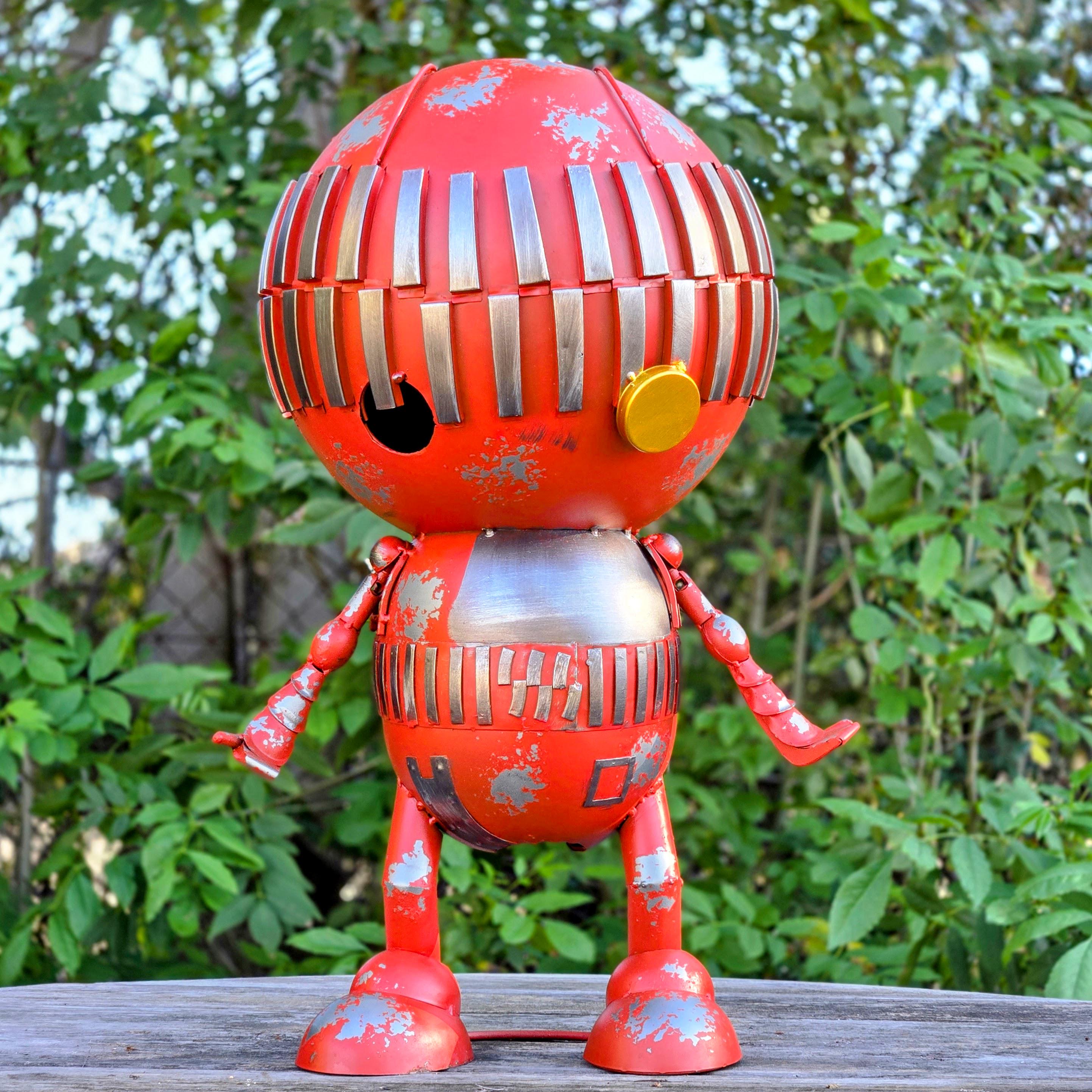 Red Metal Robot Sculpture – Rustic Industrial Garden Art, Handmade