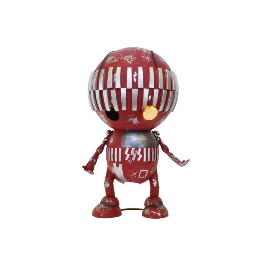 Red Metal Robot Sculpture – Rustic Industrial Garden Art, Handmade