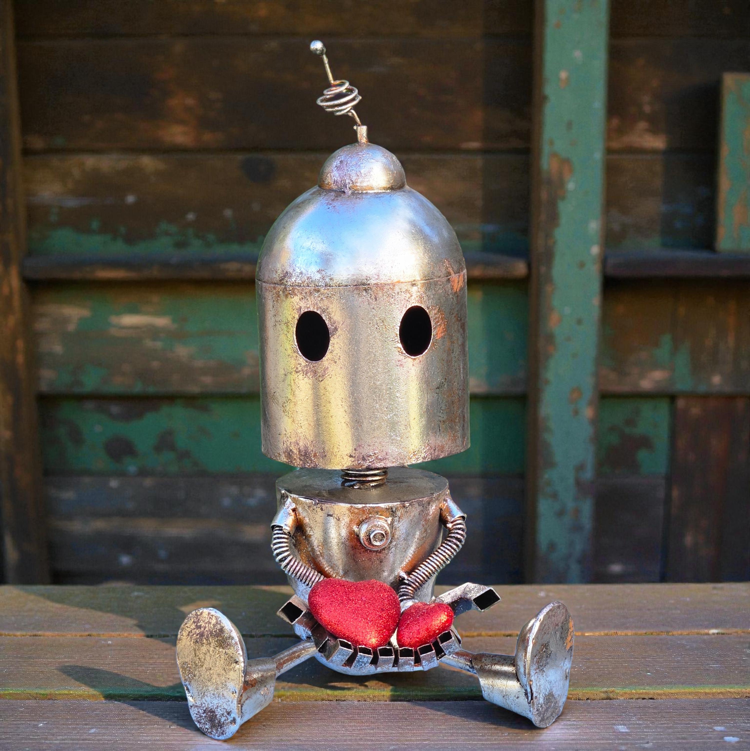 Handmade Metal Robot Sculpture – Rustic Valentine's Day Garden Art