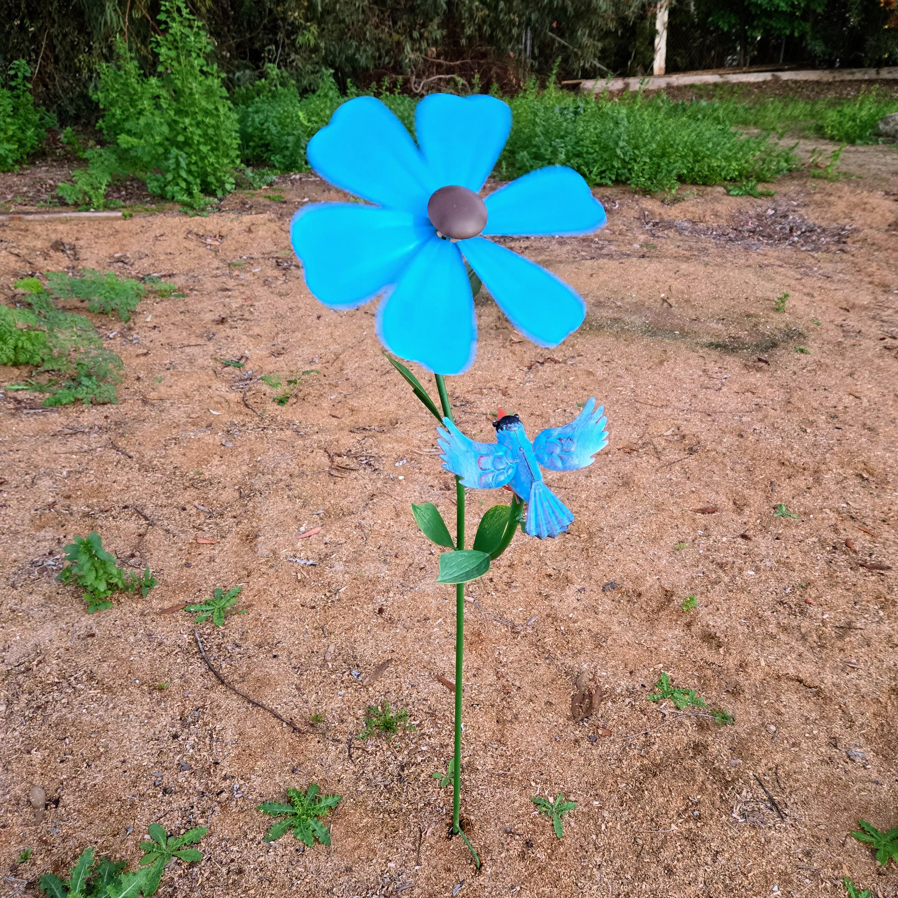 Metal Flower Wind Spinner with Blue Bird – Rustic Garden Stake Outdoor Yard Art