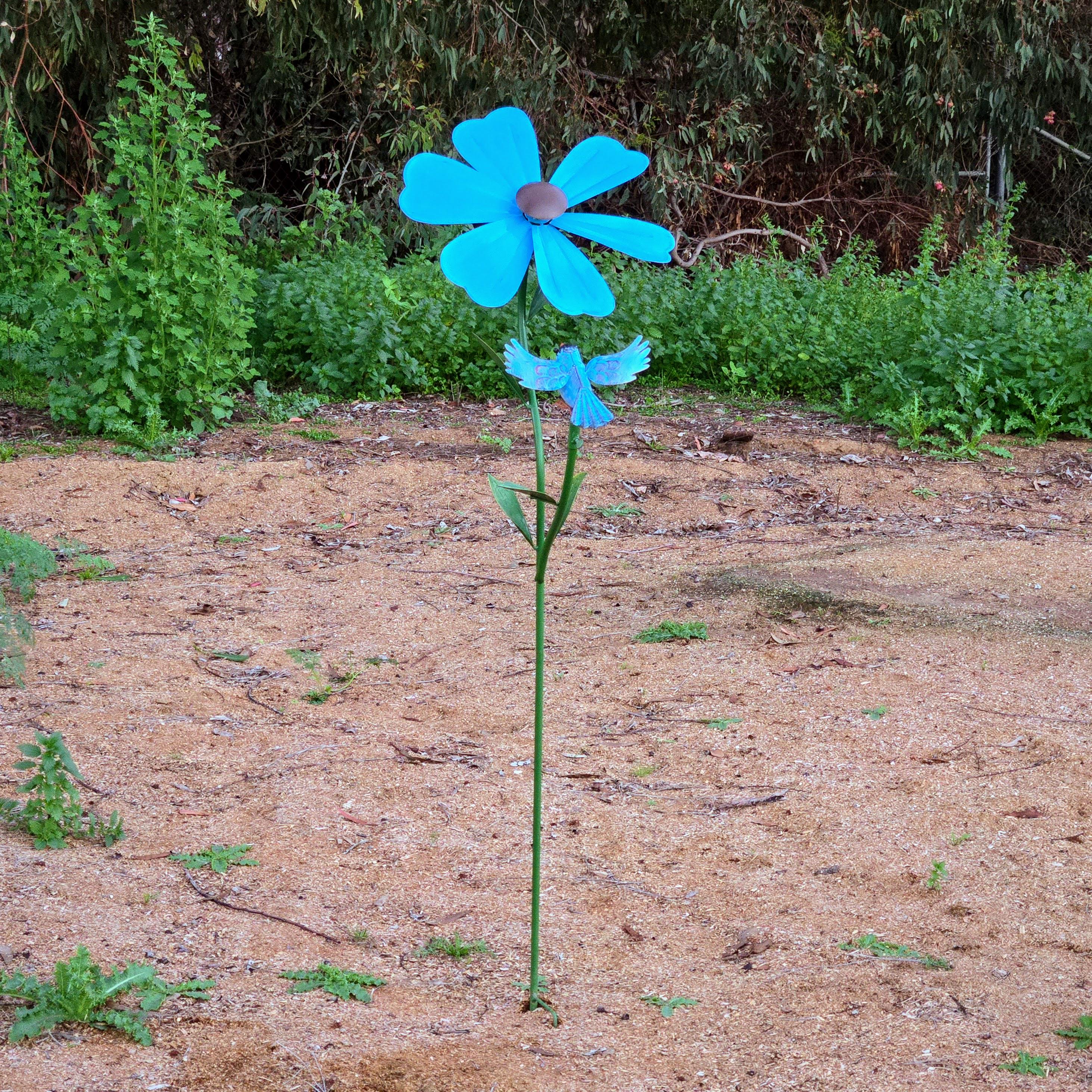 Metal Flower Wind Spinner with Blue Bird – Rustic Garden Stake Outdoor Yard Art