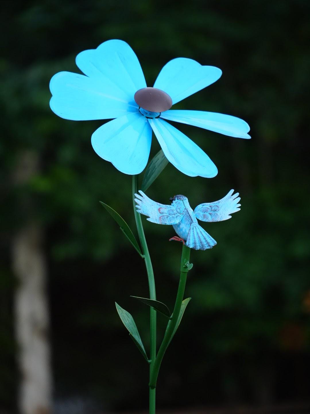 Metal Flower Wind Spinner with Blue Bird – Rustic Garden Stake Outdoor Yard Art