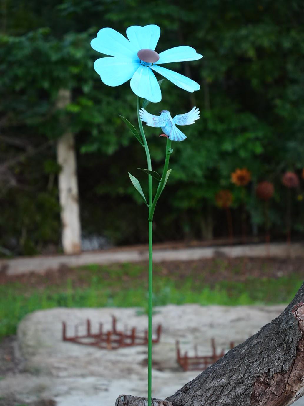 Metal Flower Wind Spinner with Blue Bird – Rustic Garden Stake Outdoor Yard Art