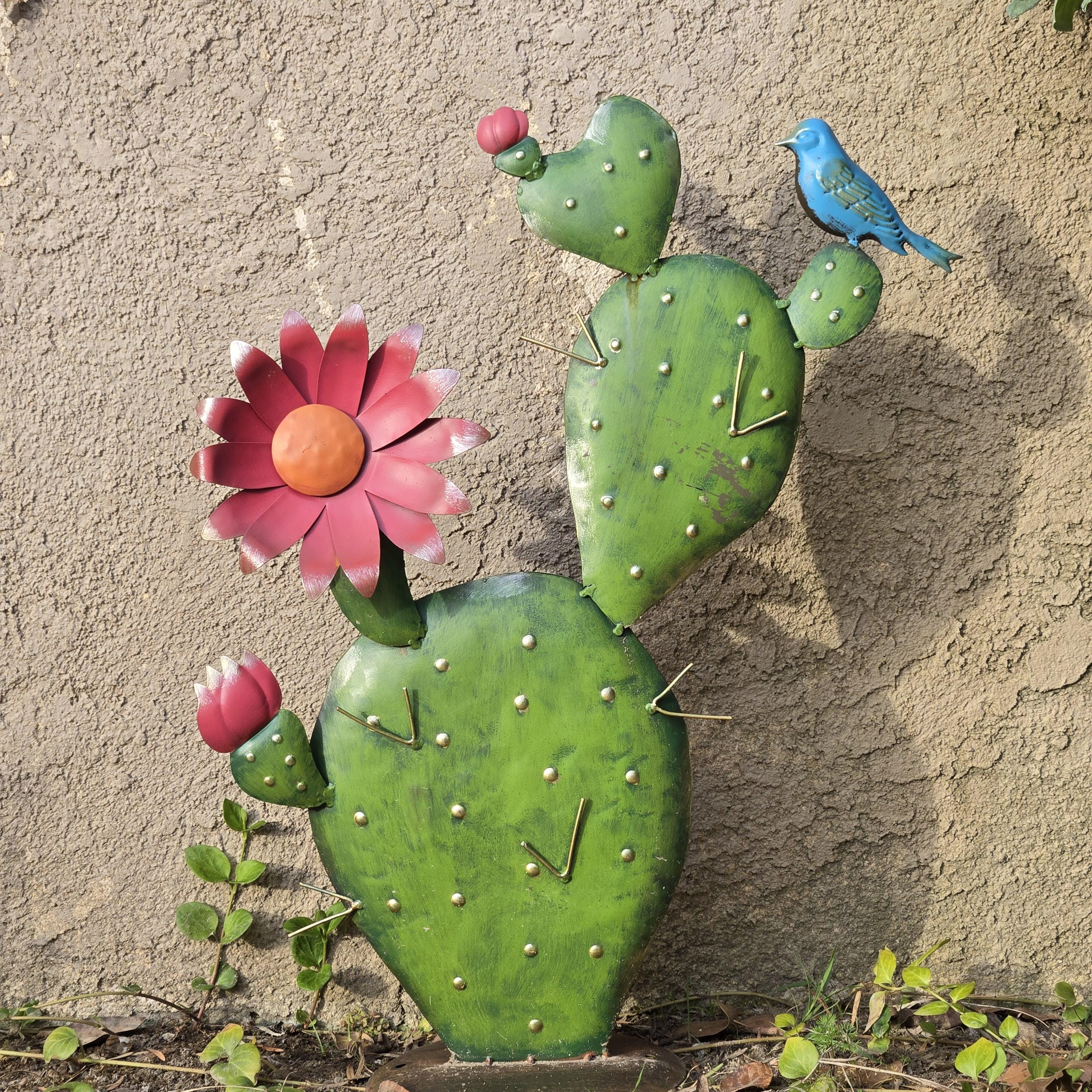 Hand Painted Metal Prickly Pear Cactus Sculpture, Southwest Desert Yard Art with Bird