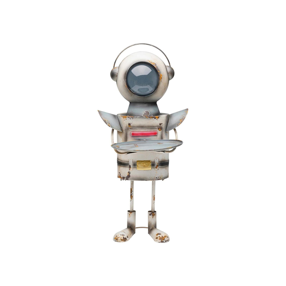 Solar Robot Garden Statue – Retro Metal Cyclops with Tray