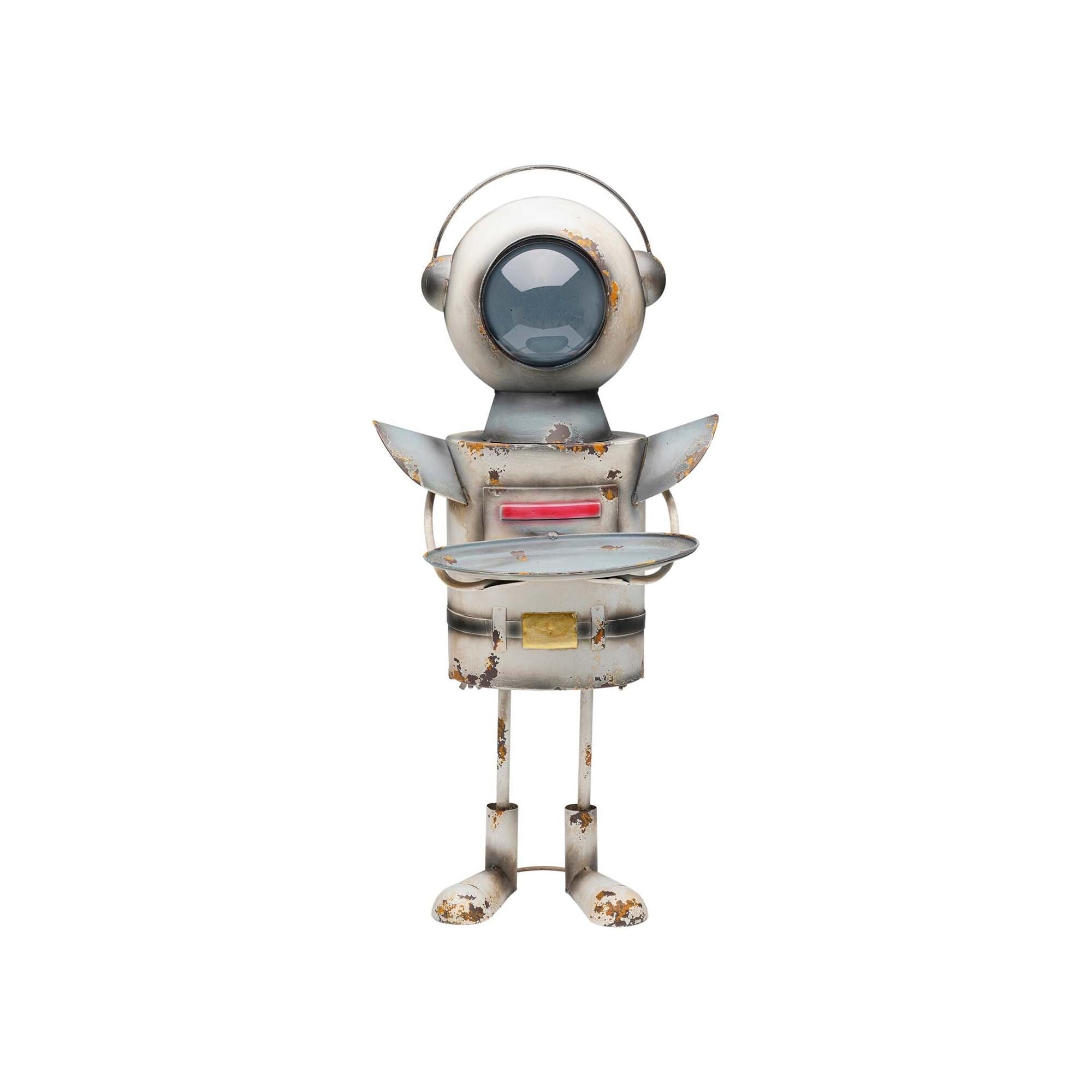 Solar Robot Garden Statue – Retro Metal Cyclops with Tray