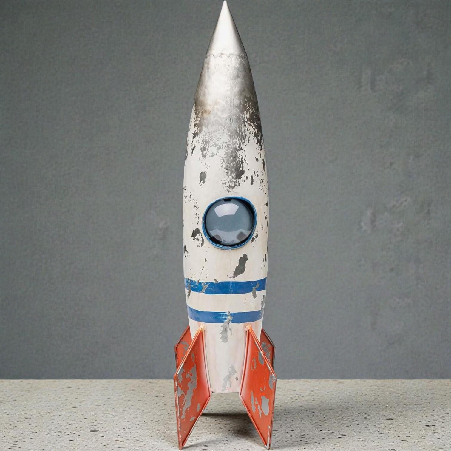 Vintage Metal Rocket Garden Sculpture with Solar Light – Retro Outdoor Yard Decor