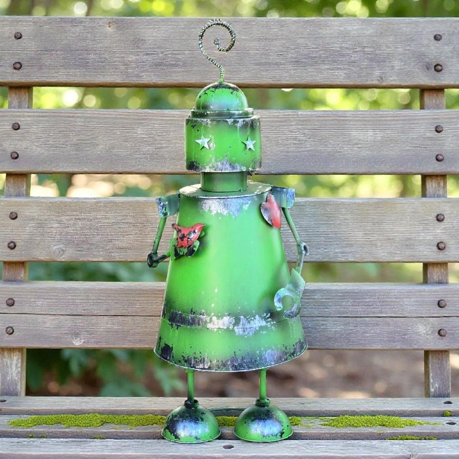 Green Metal Robot Garden Decor – Valentine’s Day Garden Gift, Rustic Outdoor Yard Art