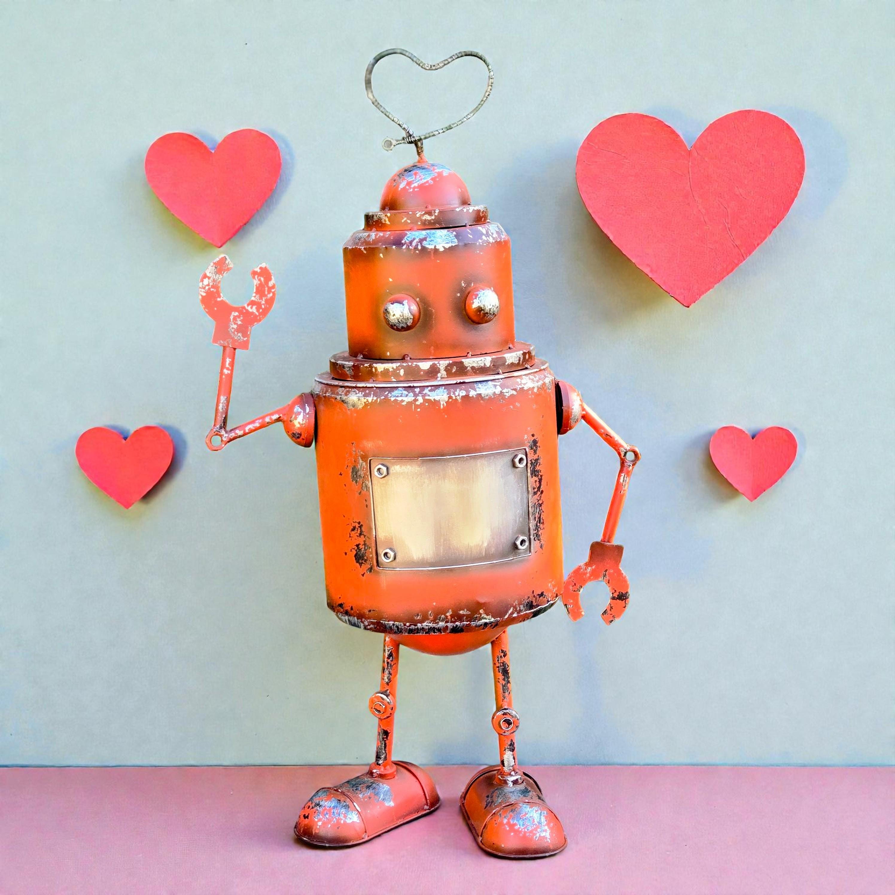 Metal Robot Sculpture with Heart Antenna – Vintage Garden Decor, Valentine’s Day Gift