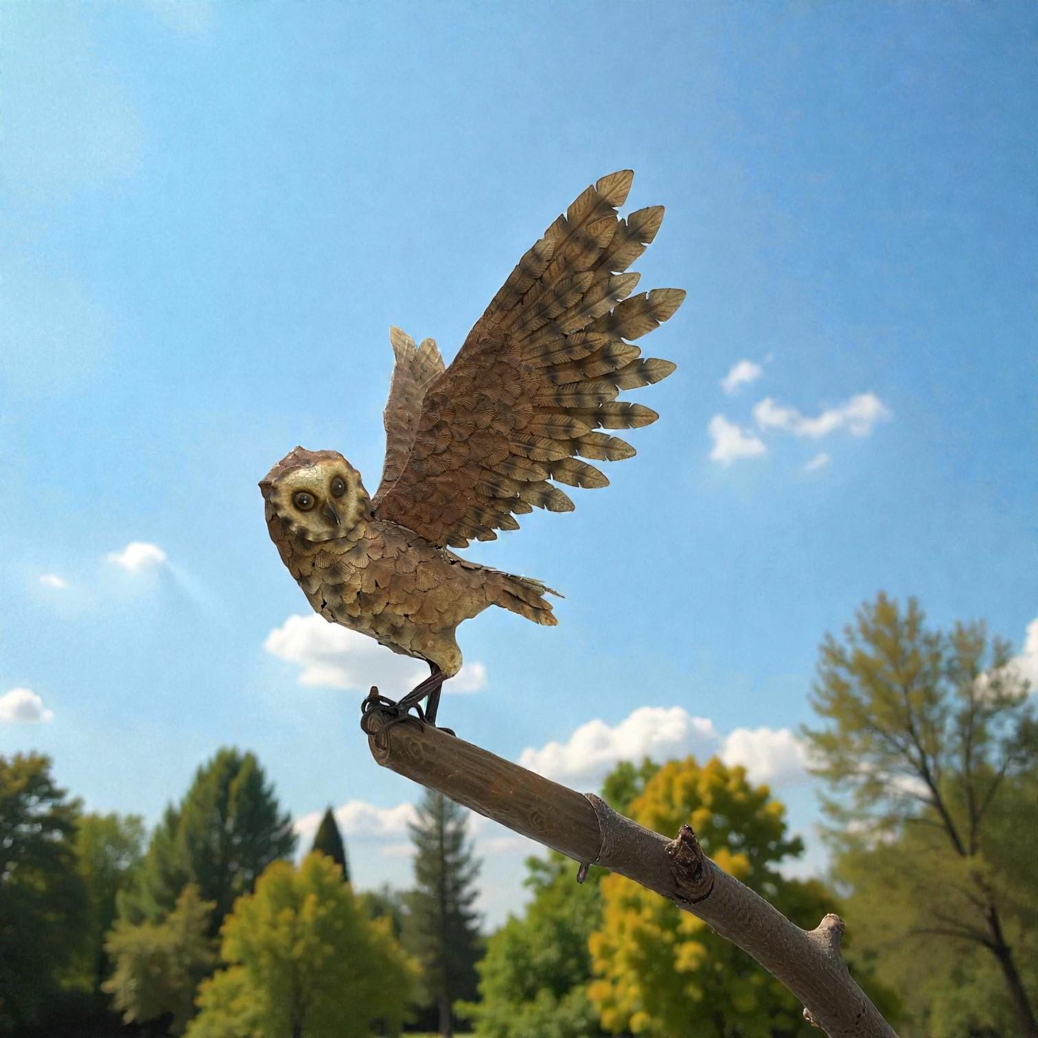 Rustic style, metal, 3D owl with outstretched wings, garden decoration, housewarming gift.