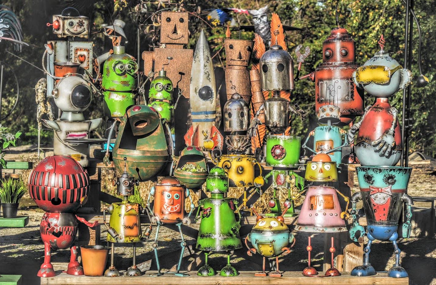Rustic Metal Robot Garden Planter Set – Whimsical Outdoor Sculpture