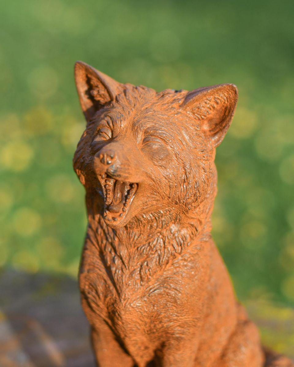 Rusty Finish Cast Iron Sitting Fox Statue – Handmade Garden Decor Animal Sculpture