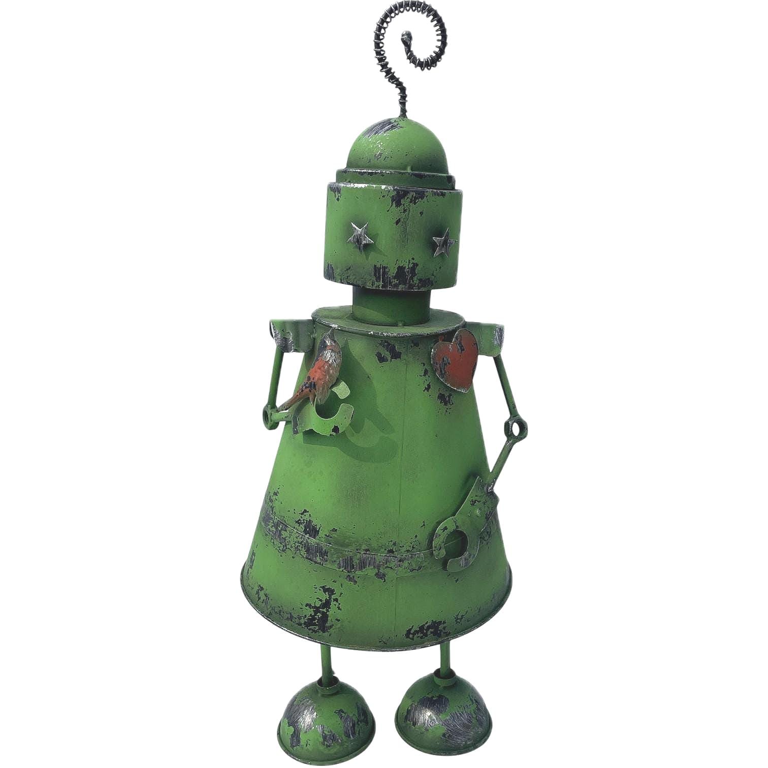 Green Metal Robot Garden Decor – Valentine’s Day Garden Gift, Rustic Outdoor Yard Art