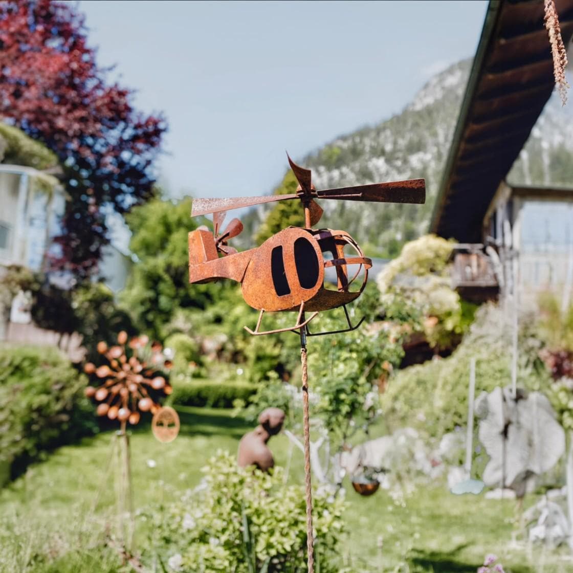 Handmade Rusty Iron Helicopter Wind Spinner: Aviation Garden Art