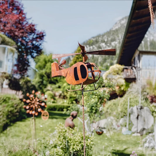 Handmade Rusty Iron Helicopter Wind Spinner: Aviation Garden Art