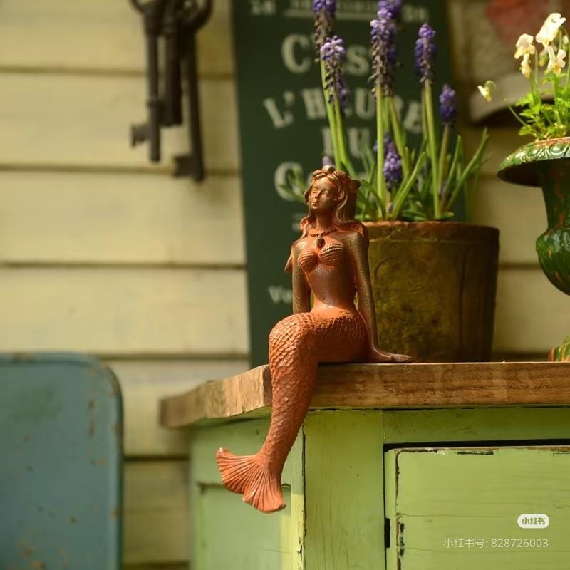 Rustic Cast Iron Mermaid Garden Statue: Vintage Coastal Decor