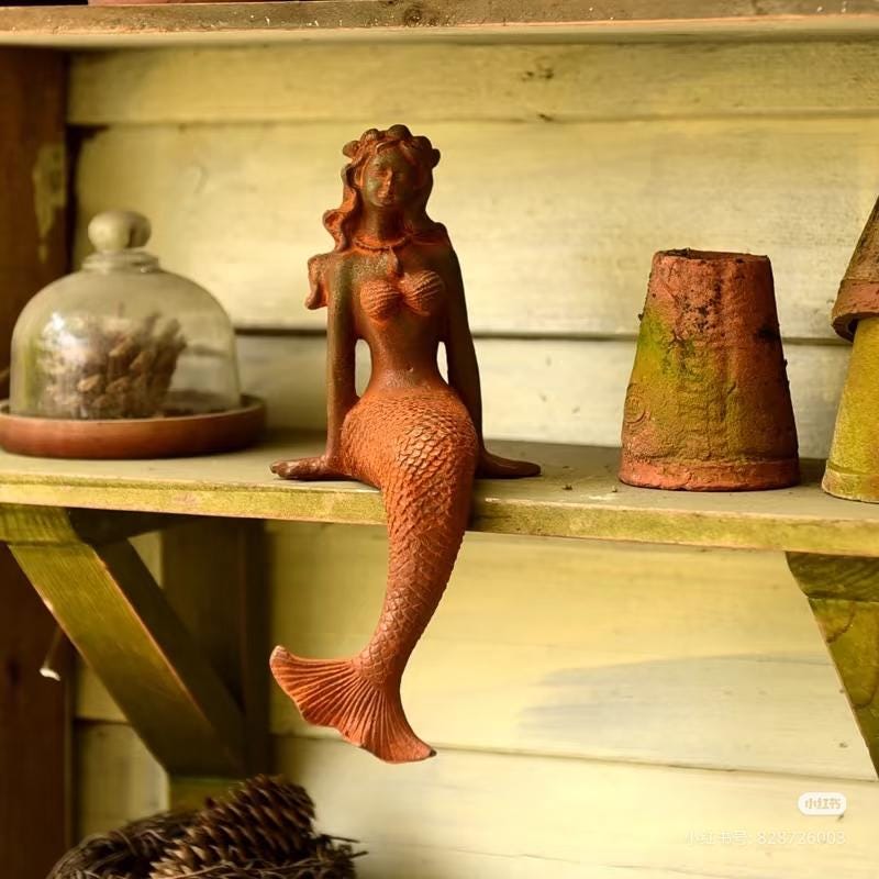 Rustic Cast Iron Mermaid Garden Statue: Vintage Coastal Decor