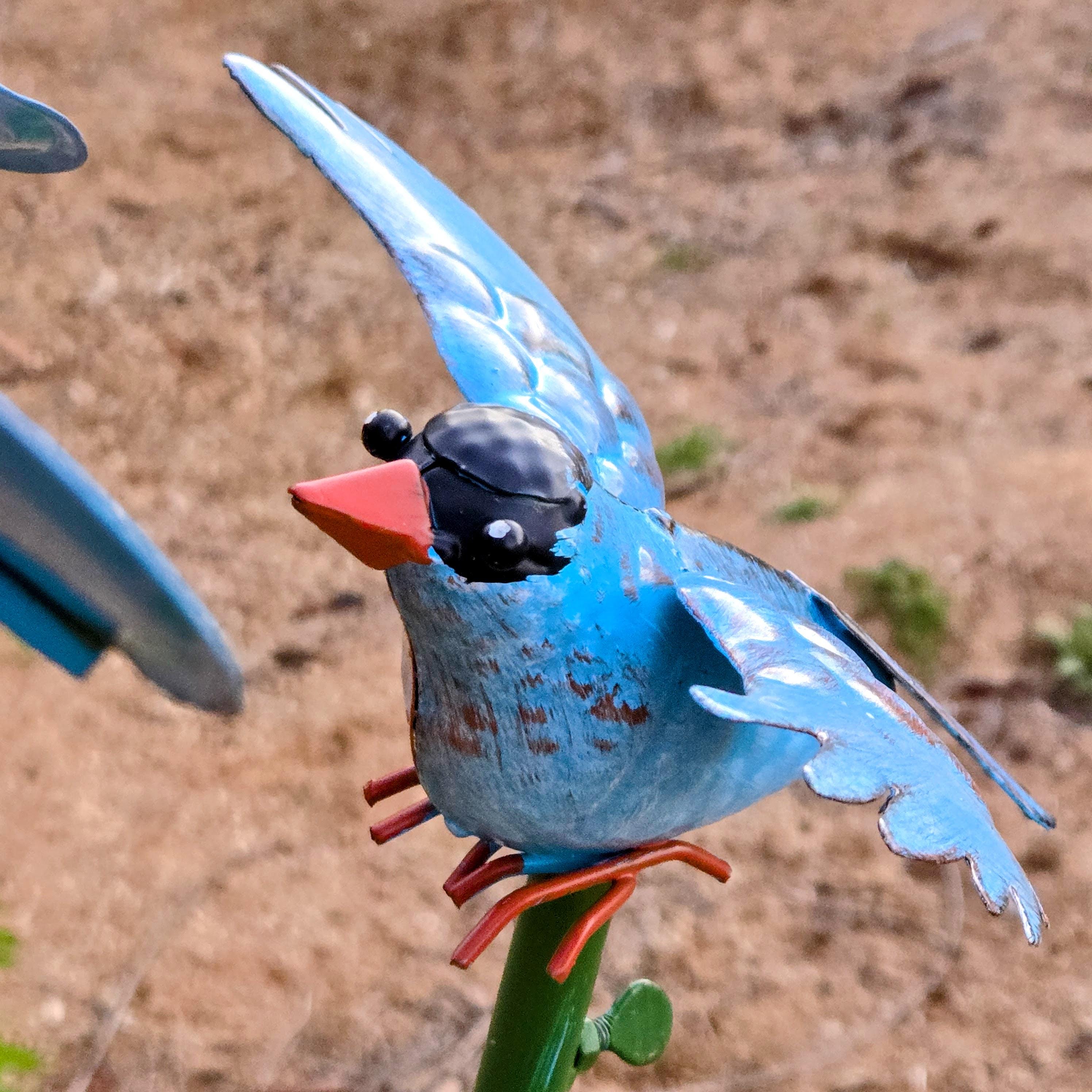Metal Flower Wind Spinner with Blue Bird – Rustic Garden Stake Outdoor Yard Art